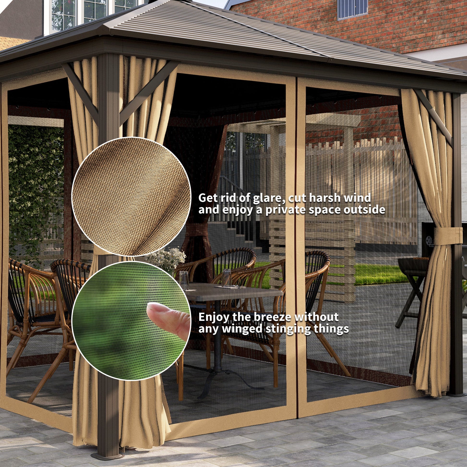 3 x 3 m Hardtop Gazebo with Netting and Curtains, Garden Gazebo Canopy Shelter with Metal Roof, Aluminium Frame, for Garden, Deck, Bronze Tone