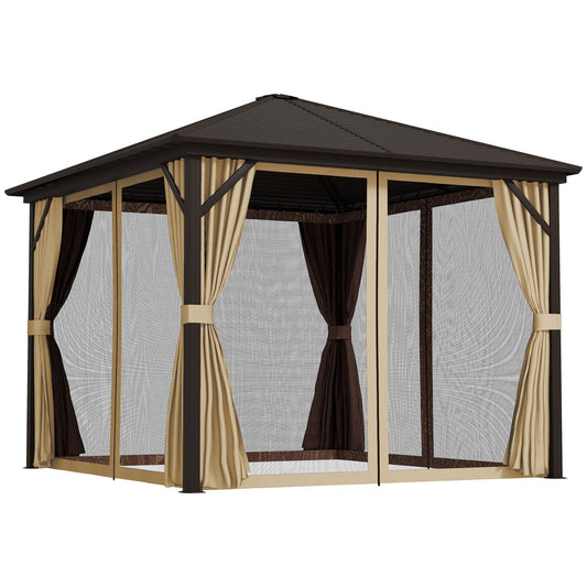 3 x 3 m Hardtop Gazebo with Netting and Curtains, Garden Gazebo Canopy Shelter with Metal Roof, Aluminium Frame, for Garden, Deck, Bronze Tone