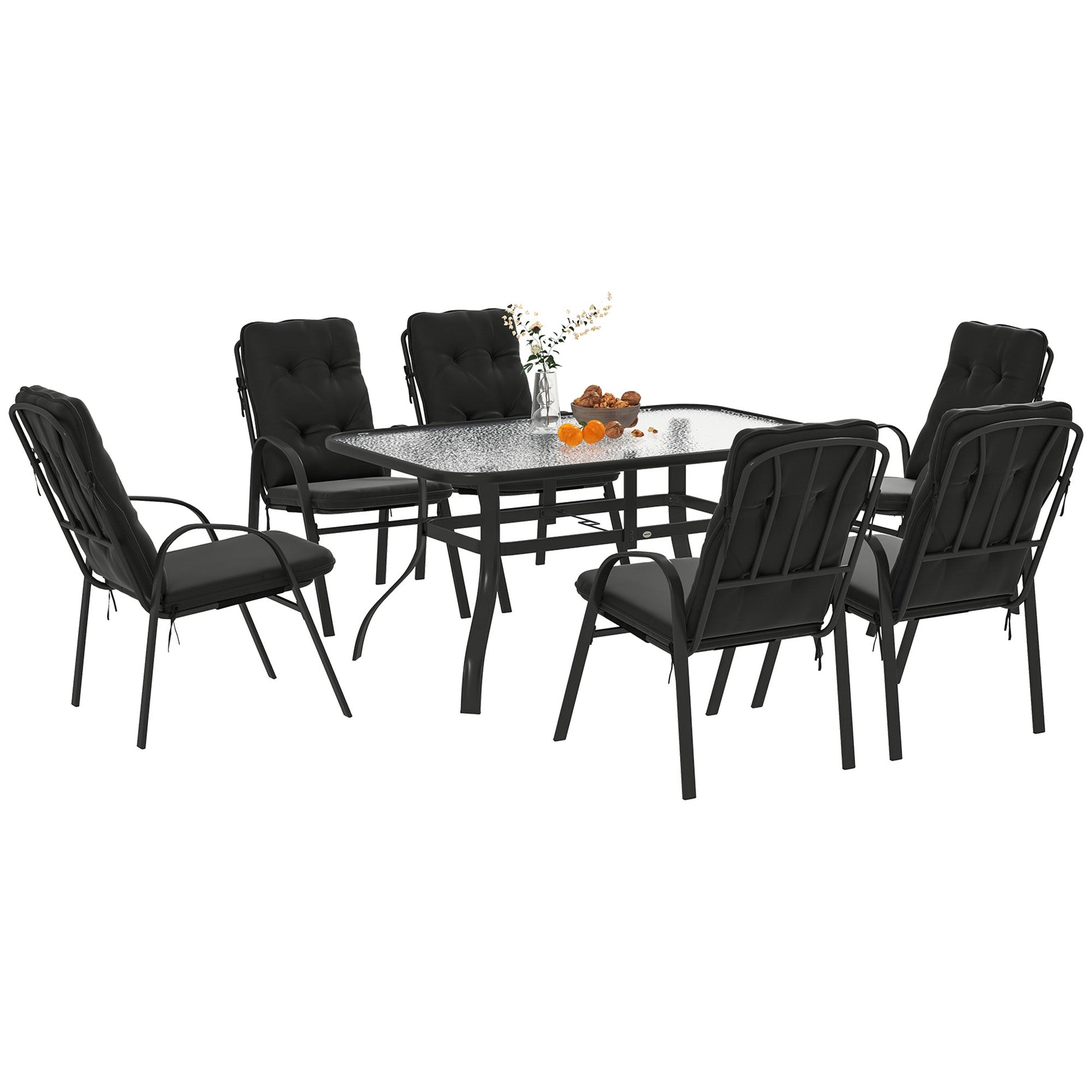 7 Pieces Garden Dining Set, Outdoor Rectangular Dining Table and 6 Cushioned Armchairs, Tempered Glass Top Table w/ Umbrella Hole, Texteline Seats, Black