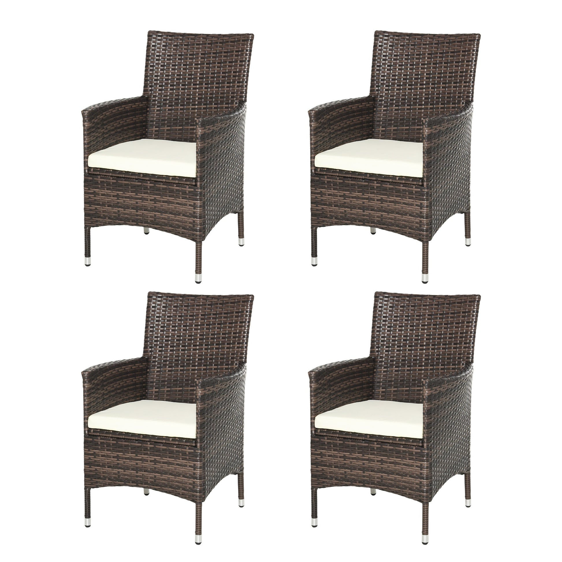 4 Pieces Outdoor PE Rattan Dining Chairs Set with Cushion, Garden Armchair with Armrests, High Backrest, Metal Frame Patio Wicker Furniture, Deep Coffee