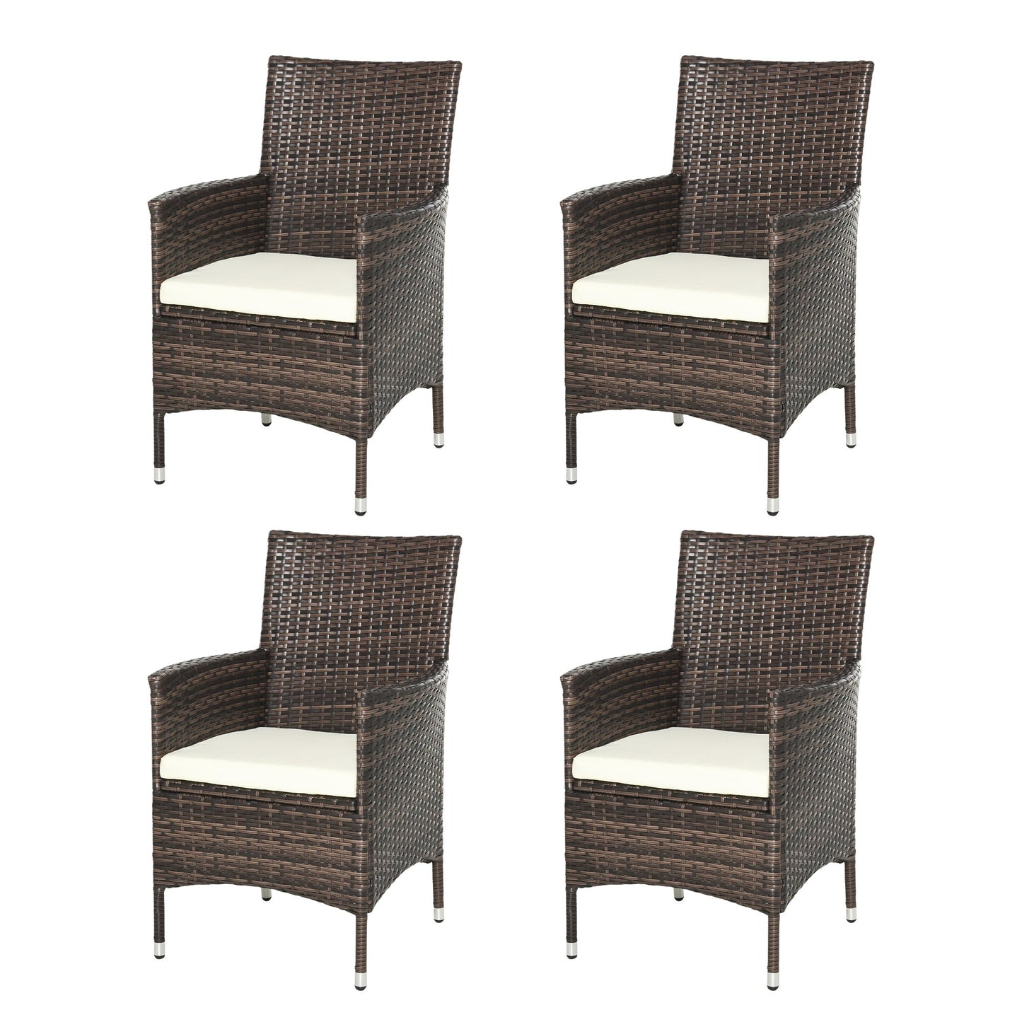 4 Pieces Outdoor PE Rattan Dining Chairs Set with Cushion, Garden Armchair with Armrests, High Backrest, Metal Frame Patio Wicker Furniture, Deep Coffee