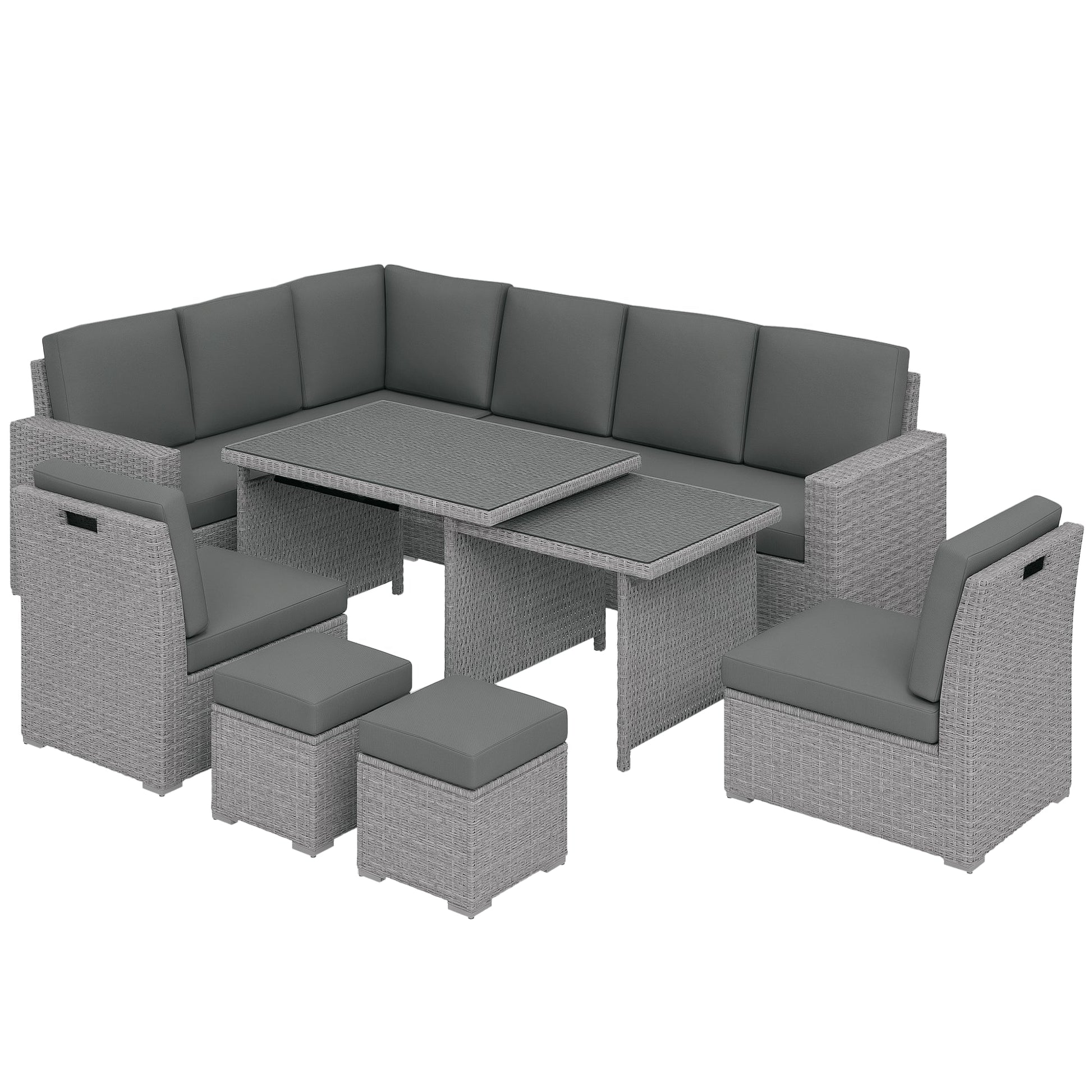 10 Seater Rattan Dining Set with Expandable Table and Nesting Chairs, Rattan Garden Furniture Set with Cushions, Outdoor Dining Table and Chairs, Sectional Corner Sofa Set, Light Grey