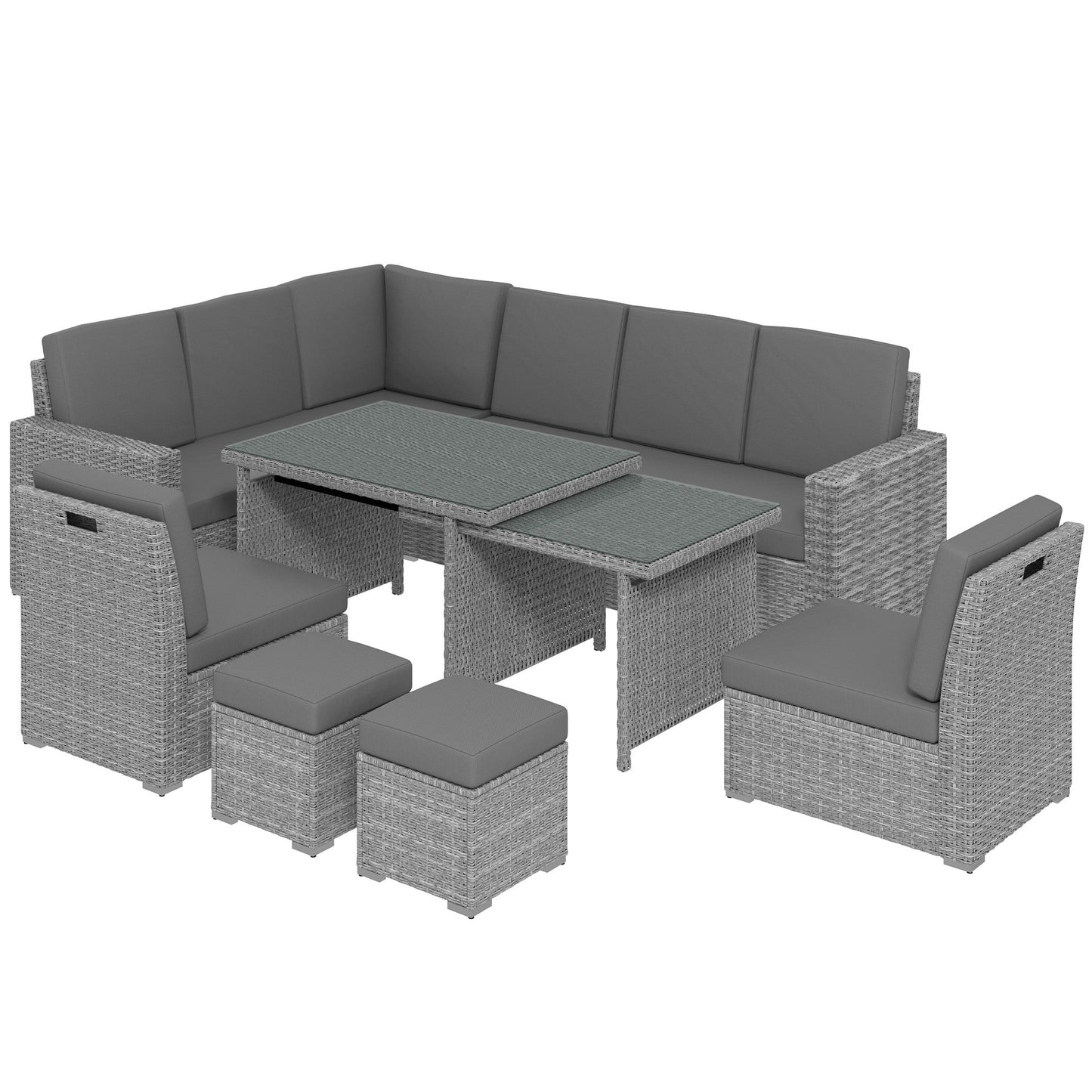 10 Seater Rattan Dining Set with Expandable Table and Nesting Chairs, Rattan Garden Furniture Set with Cushions, Outdoor Dining Table and Chairs, Sectional Corner Sofa Set, Light Grey