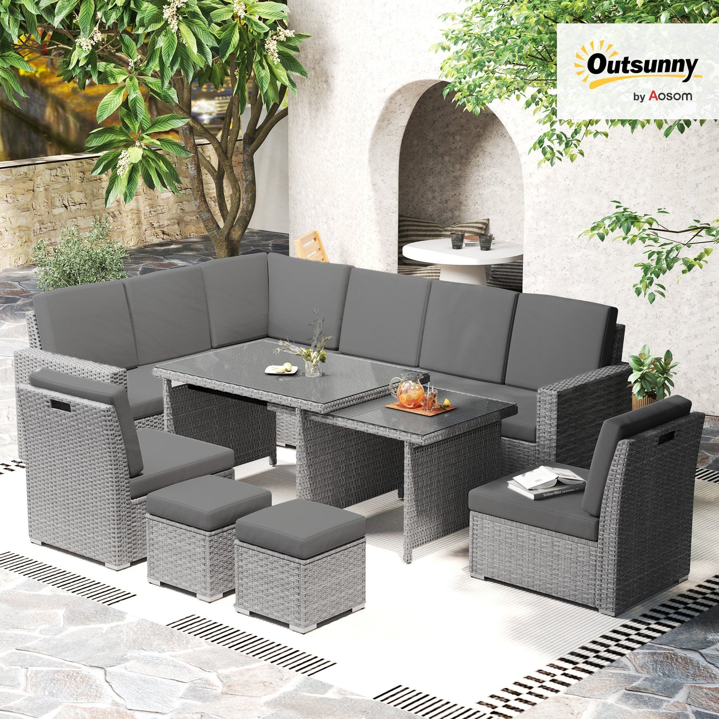 10 Seater Rattan Dining Set with Expandable Table and Nesting Chairs, Rattan Garden Furniture Set with Cushions, Outdoor Dining Table and Chairs, Sectional Corner Sofa Set, Light Grey