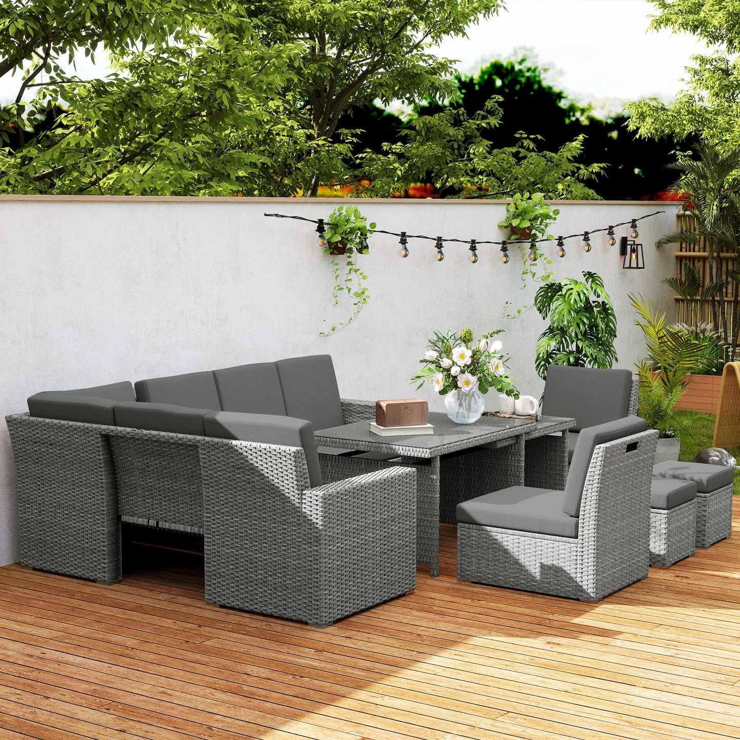 10 Seater Rattan Dining Set with Expandable Table and Nesting Chairs, Rattan Garden Furniture Set with Cushions, Outdoor Dining Table and Chairs, Sectional Corner Sofa Set, Light Grey