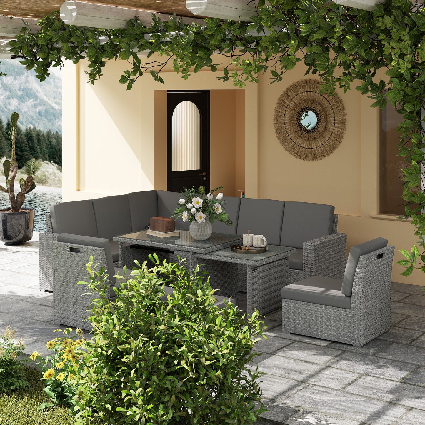 10 Seater Rattan Dining Set with Expandable Table and Nesting Chairs, Rattan Garden Furniture Set with Cushions, Outdoor Dining Table and Chairs, Sectional Corner Sofa Set, Light Grey