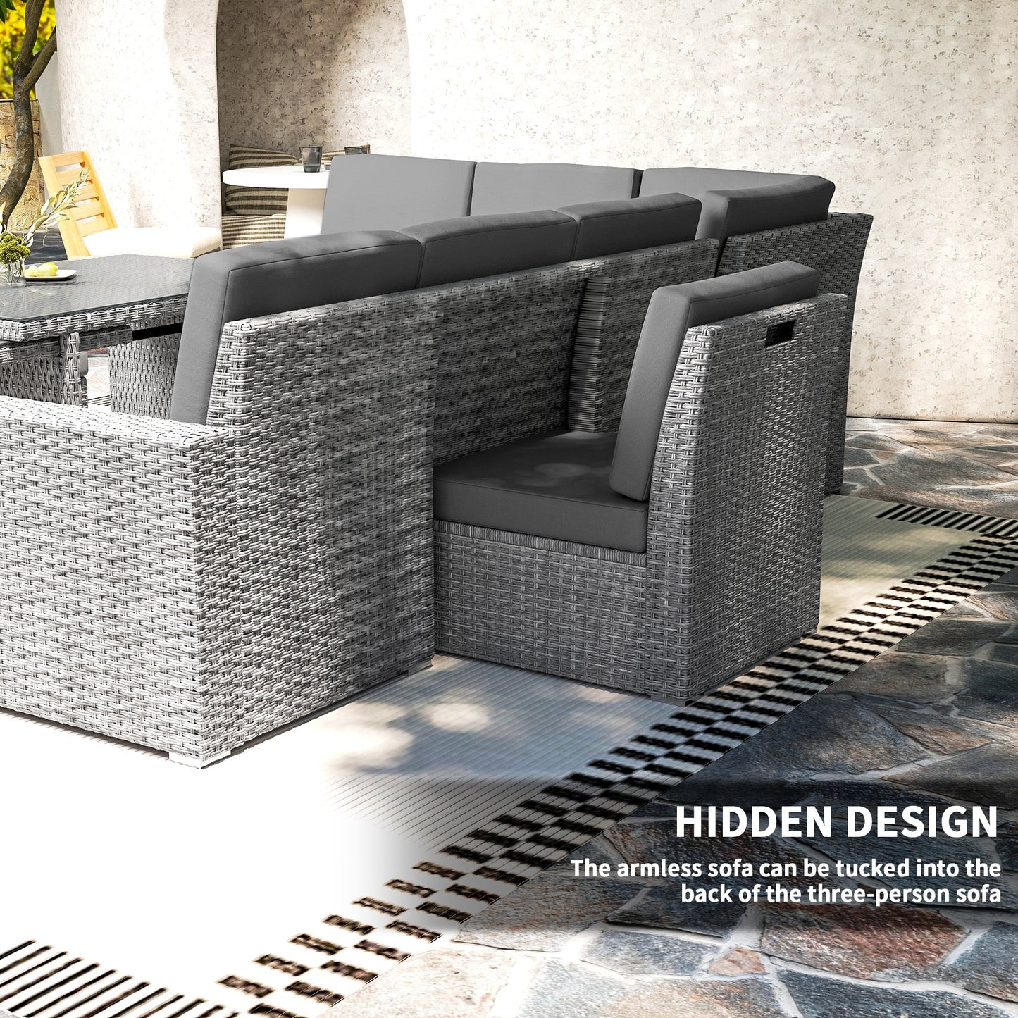 10 Seater Rattan Dining Set with Expandable Table and Nesting Chairs, Rattan Garden Furniture Set with Cushions, Outdoor Dining Table and Chairs, Sectional Corner Sofa Set, Light Grey