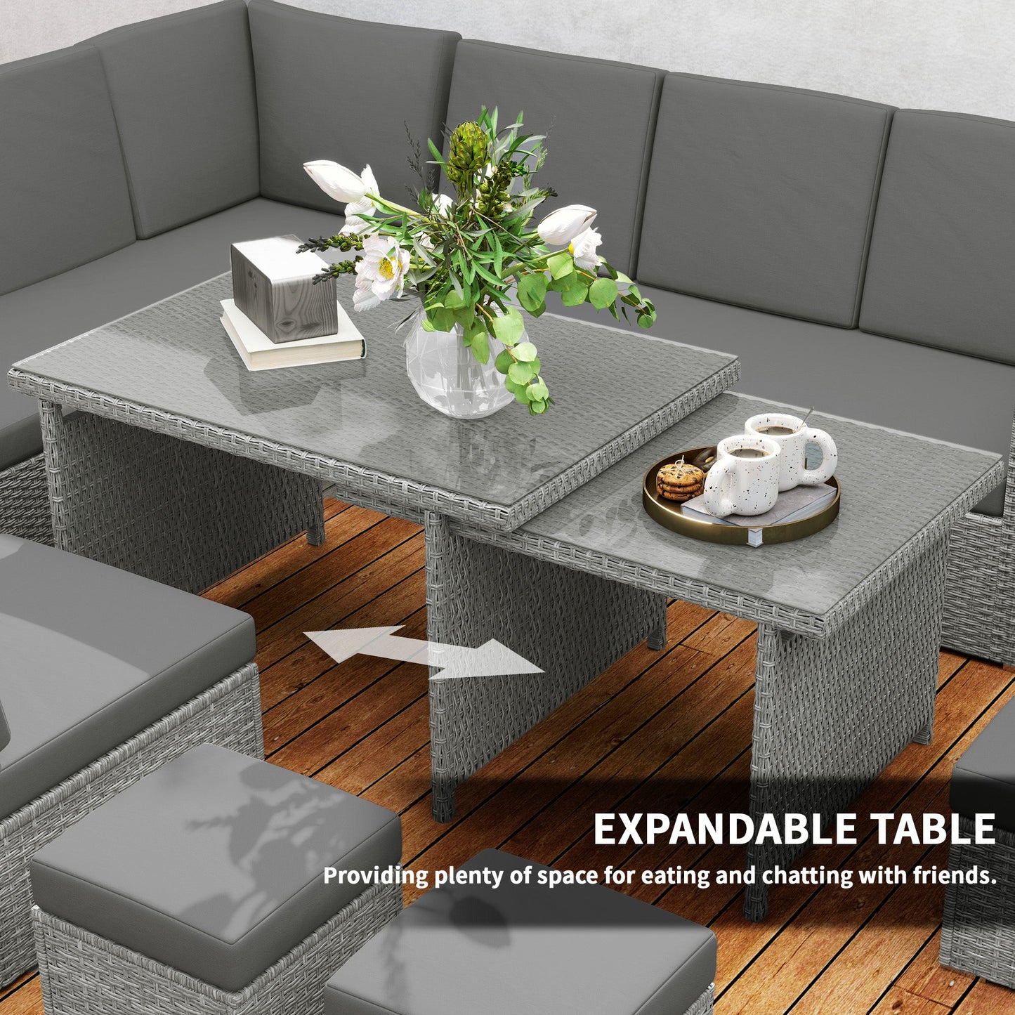 10 Seater Rattan Dining Set with Expandable Table and Nesting Chairs, Rattan Garden Furniture Set with Cushions, Outdoor Dining Table and Chairs, Sectional Corner Sofa Set, Light Grey