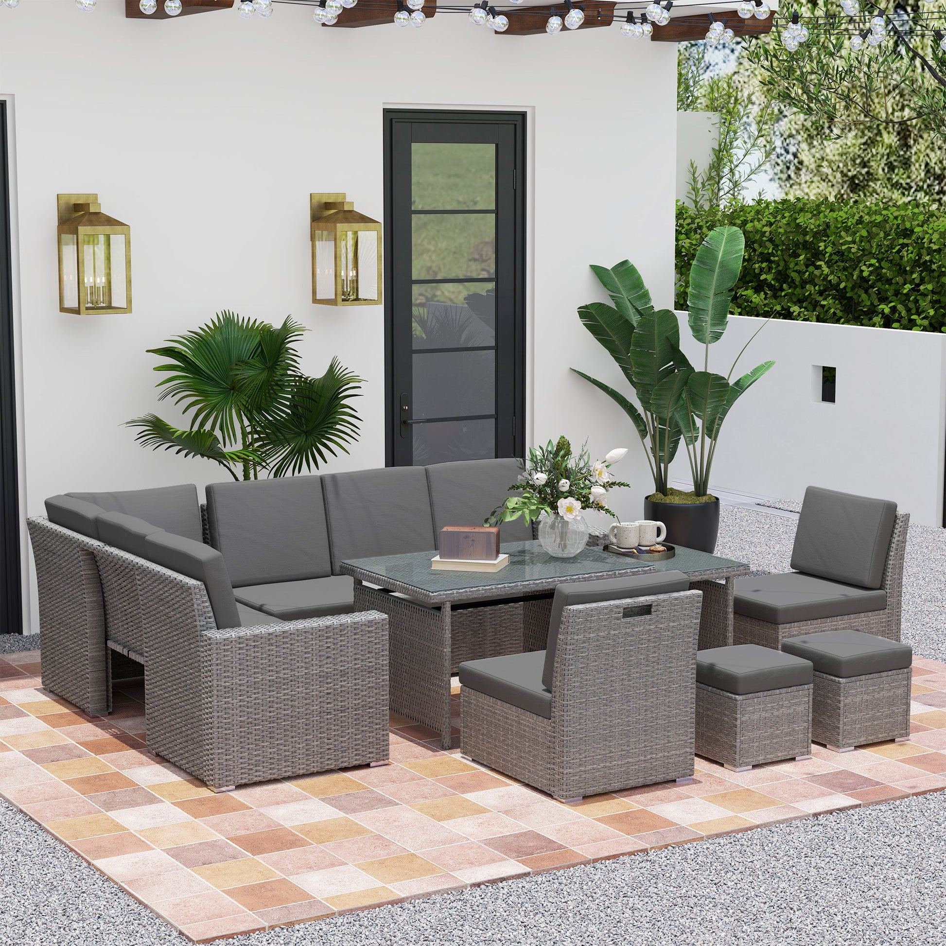 10 Seater Rattan Dining Set with Expandable Table and Nesting Chairs, Rattan Garden Furniture Set with Cushions, Outdoor Dining Table and Chairs, Sectional Corner Sofa Set, Light Grey