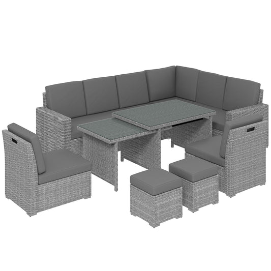 10 Seater Rattan Dining Set with Expandable Table and Nesting Chairs, Rattan Garden Furniture Set with Cushions, Outdoor Dining Table and Chairs, Sectional Corner Sofa Set, Light Grey