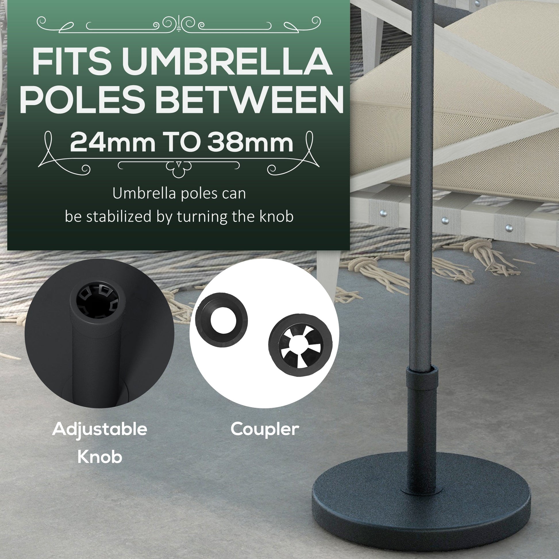 15kg Concrete Parasol Base, Heavy Duty Patio Umbrella Stand with Grip Handle, 46.5cm Round Garden Parasol Holder for 24 to 38mm Poles, Black