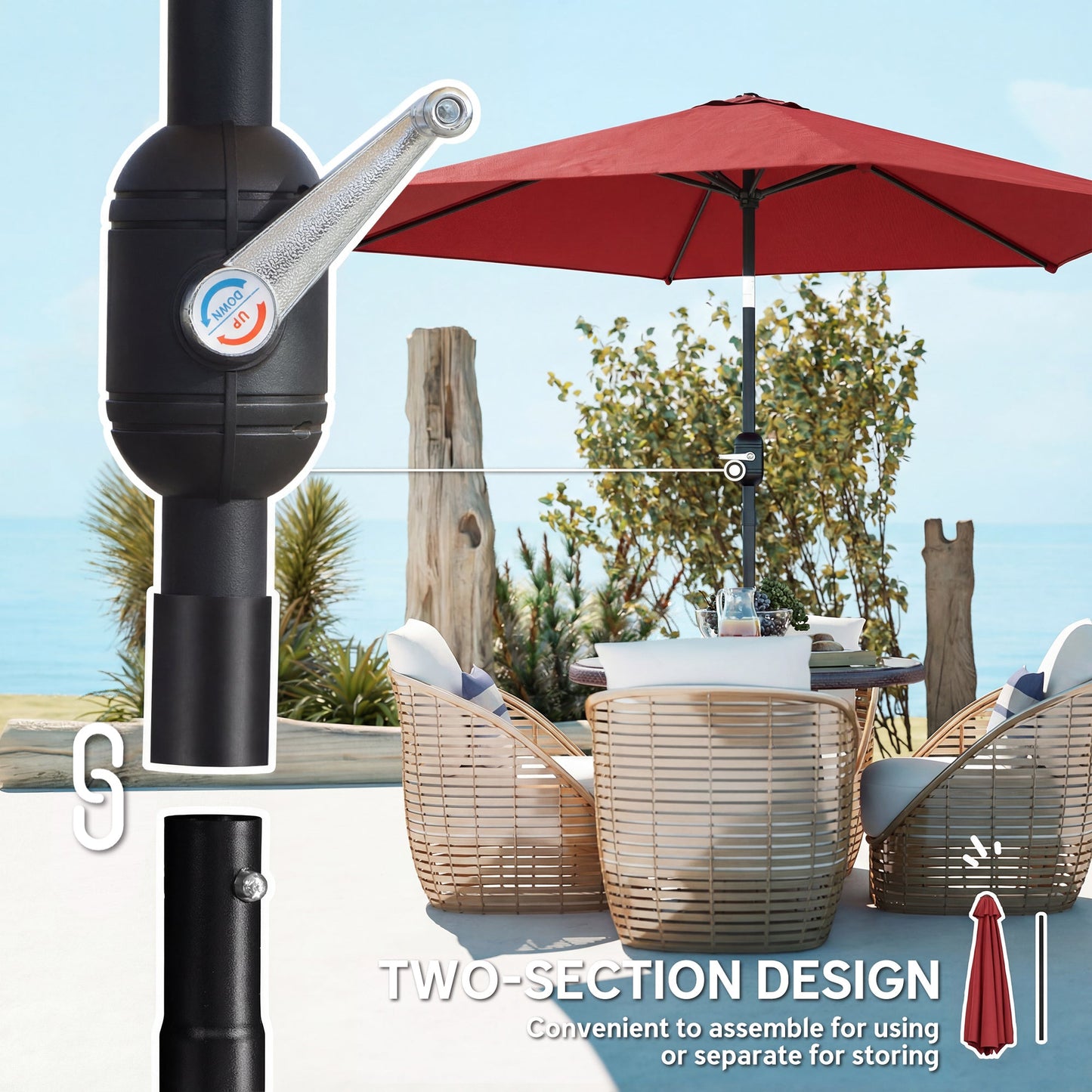 2.6 m Garden Parasol Umbrella with Aluminium Pole, Outdoor Table Market Patio Umbrella Sun Shade with Tilt and Crank, Vent, Wine Red