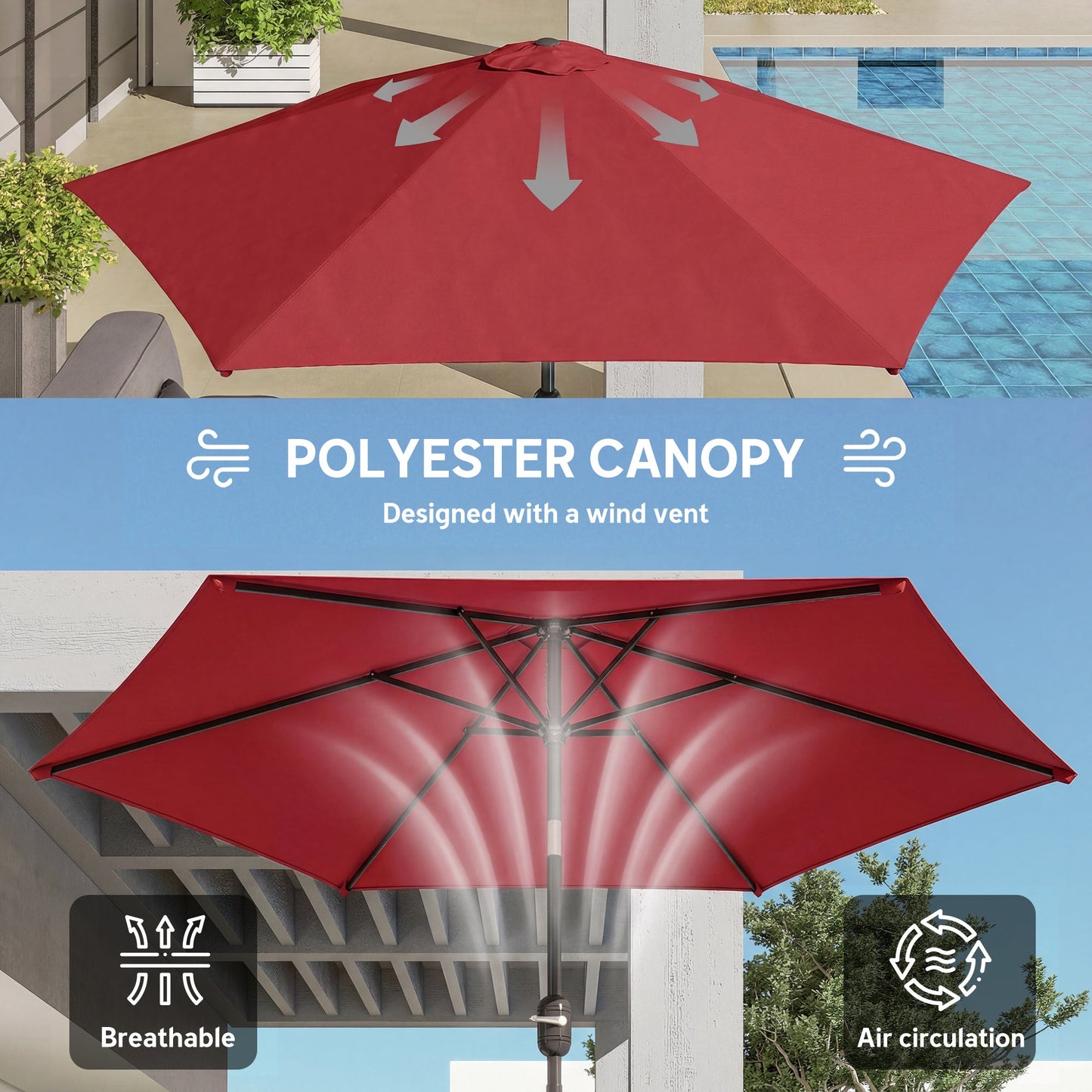 2.6 m Garden Parasol Umbrella with Aluminium Pole, Outdoor Table Market Patio Umbrella Sun Shade with Tilt and Crank, Vent, Wine Red