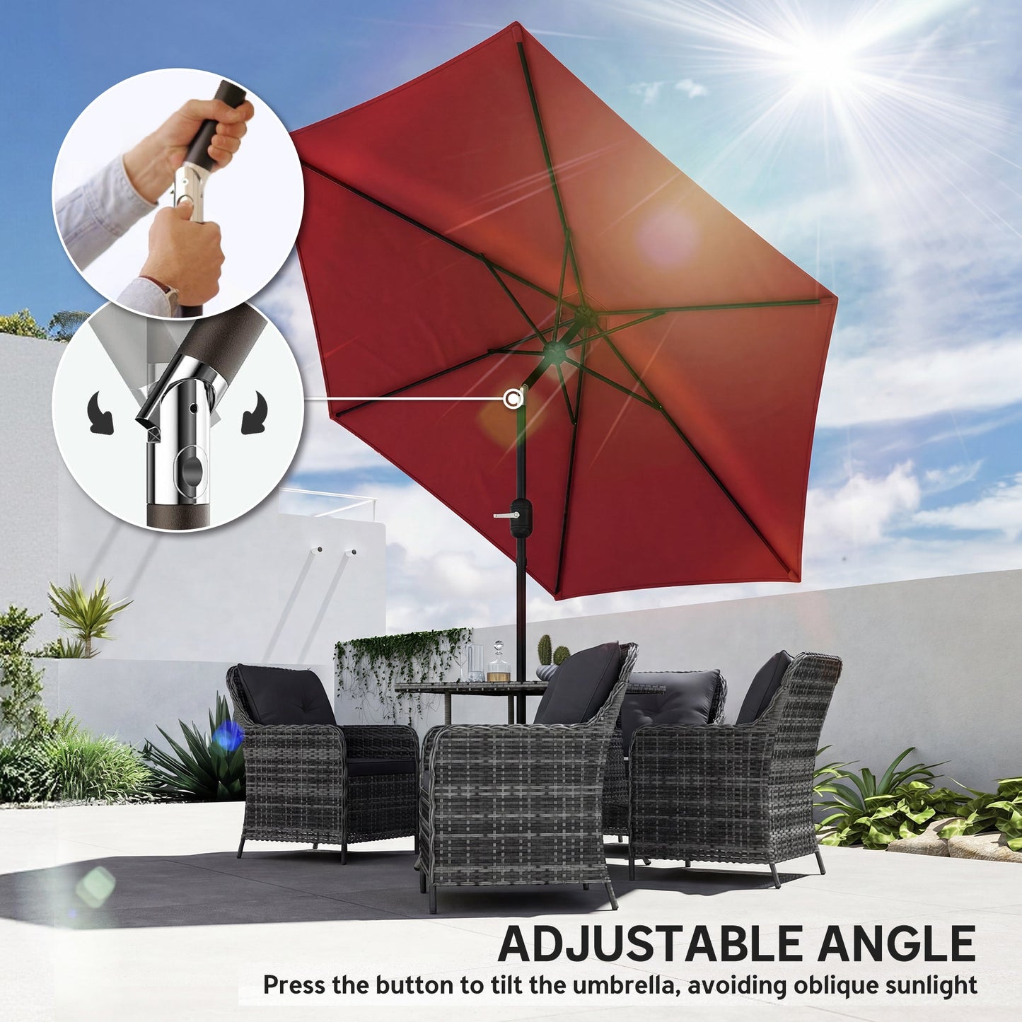 2.6 m Garden Parasol Umbrella with Aluminium Pole, Outdoor Table Market Patio Umbrella Sun Shade with Tilt and Crank, Vent, Wine Red