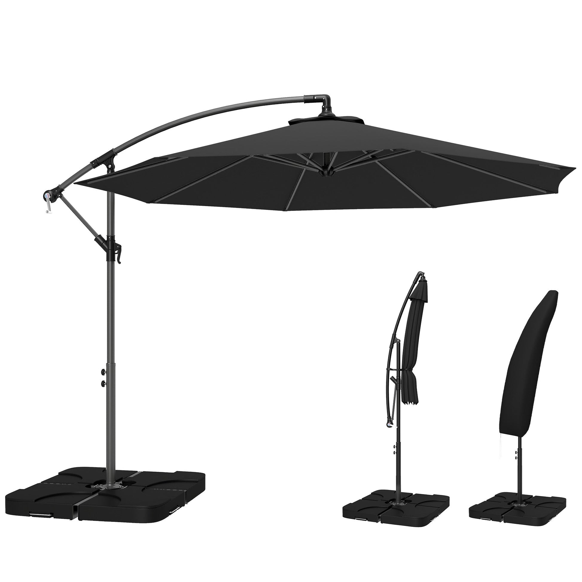 3 m Cantilever Parasol with Umbrella Weights, Cross Base, Offset Outdoor Umbrella with Protective Cover, Crank Handle, Hanging Sun Shade, Black