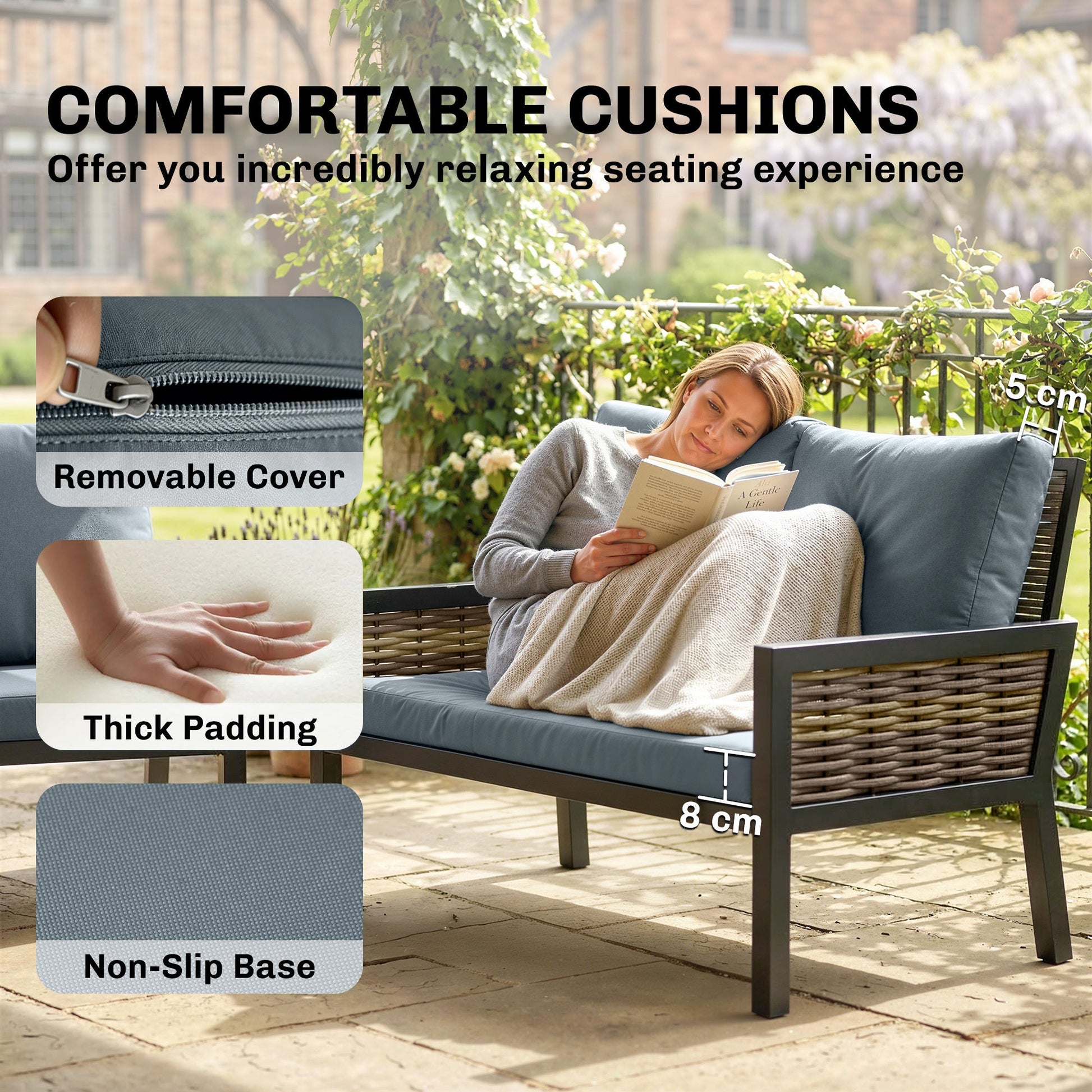 4 Seater Rattan Garden Furniture Set with 2 Armchairs, Loveseat, Coffee Table, Garden Sofa Set with Cushions, Outdoor Furniture Conversation Sets for Patio, Grey