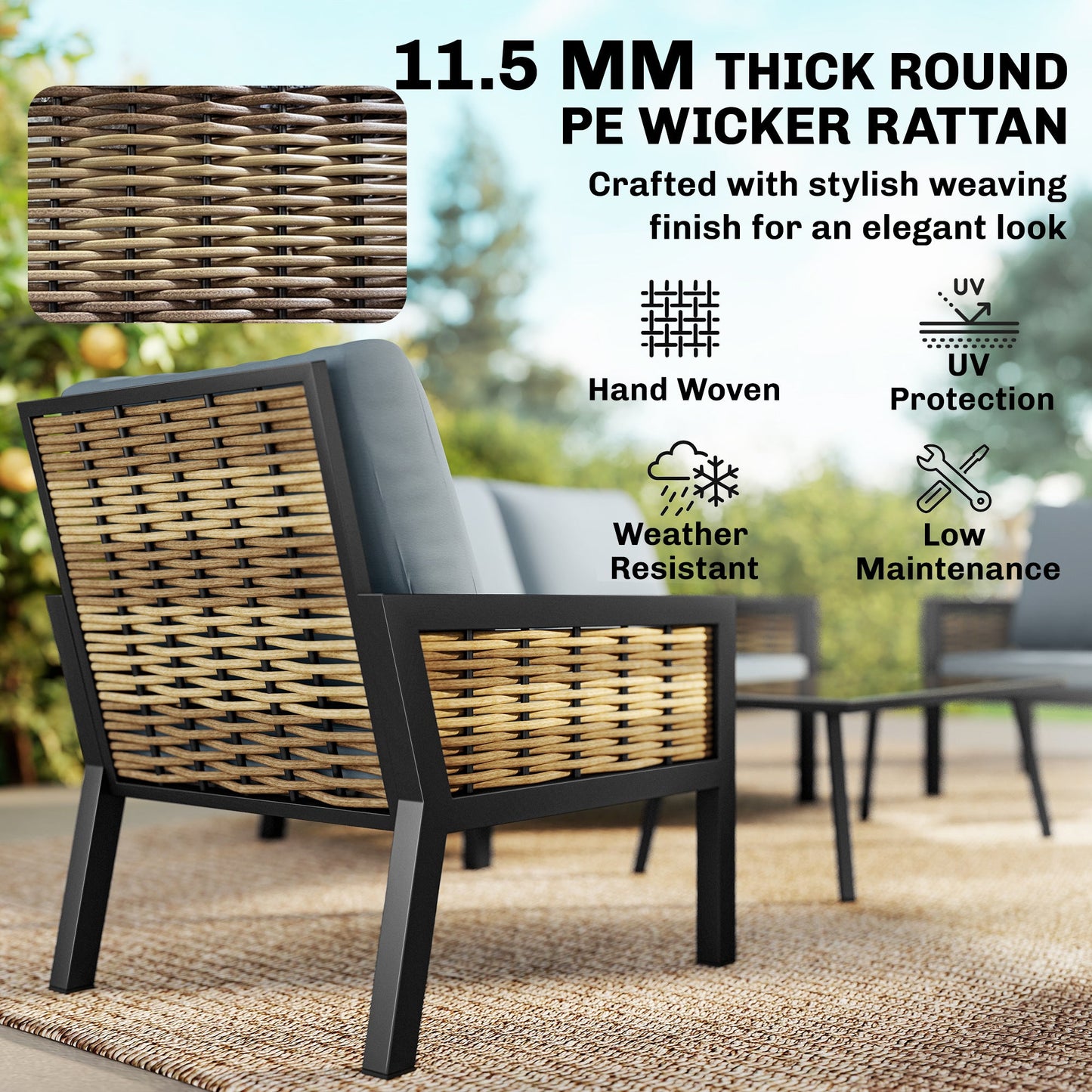 4 Seater Rattan Garden Furniture Set with 2 Armchairs, Loveseat, Coffee Table, Garden Sofa Set with Cushions, Outdoor Furniture Conversation Sets for Patio, Grey