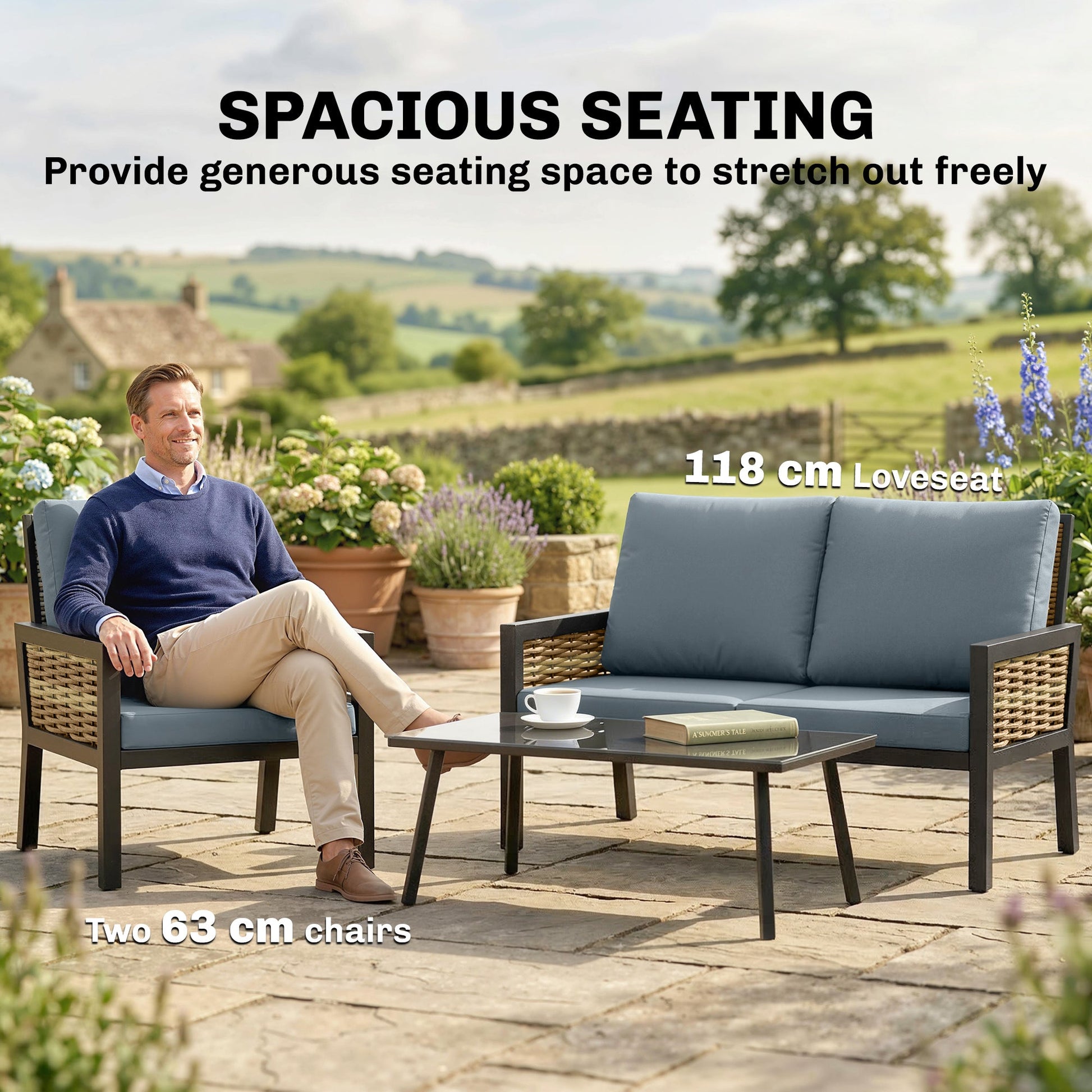 4 Seater Rattan Garden Furniture Set with 2 Armchairs, Loveseat, Coffee Table, Garden Sofa Set with Cushions, Outdoor Furniture Conversation Sets for Patio, Grey