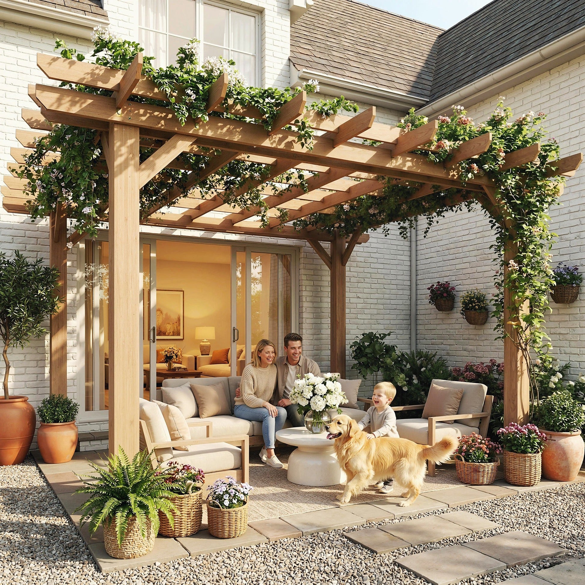 3.6 x 3.6m Graden Pergola Kit, Wooden Pergola Gazebo Grape Trellis with Stable Structure for Climbing Vines Flowers, Dark Brown