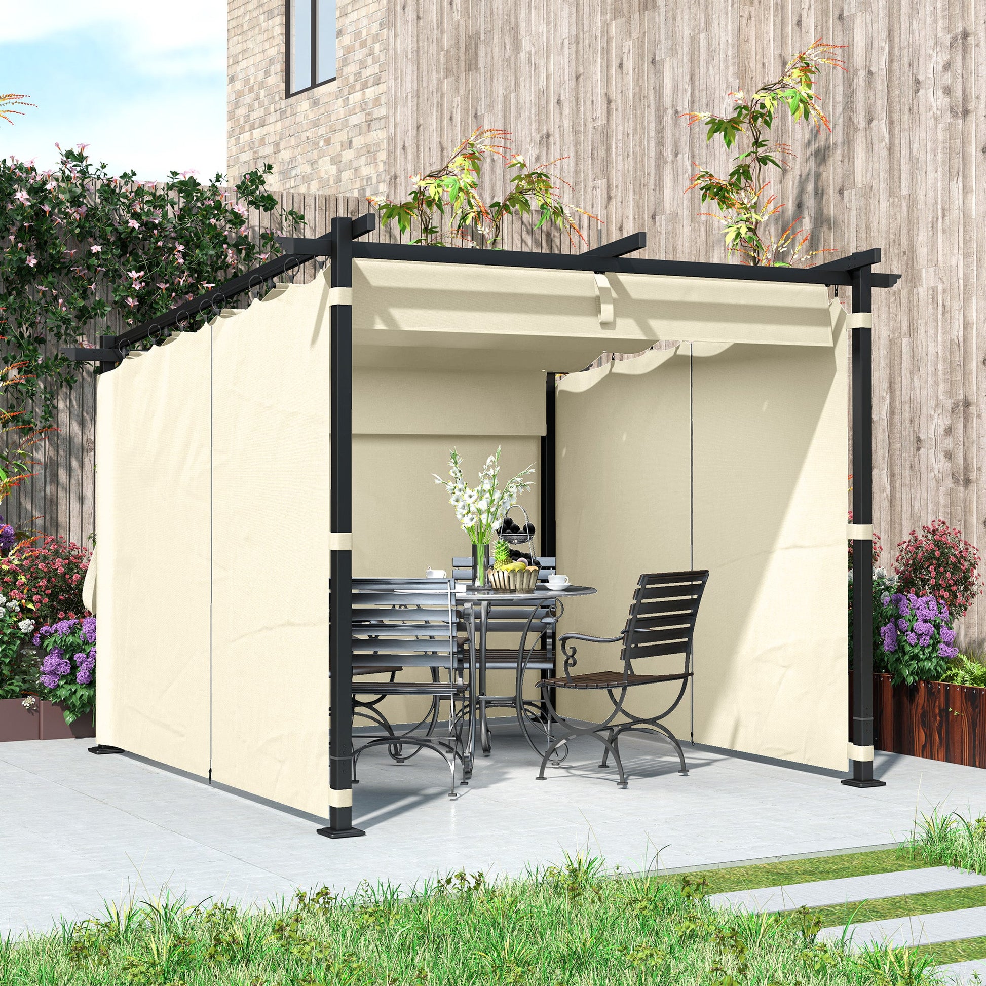 3 x 3(m) Metal Pergola with Retractable Roof and Sidewalls, Garden Gazebo UPF30+ Sun Shade Shelter for Outdoor, Patio, Deck, Beige