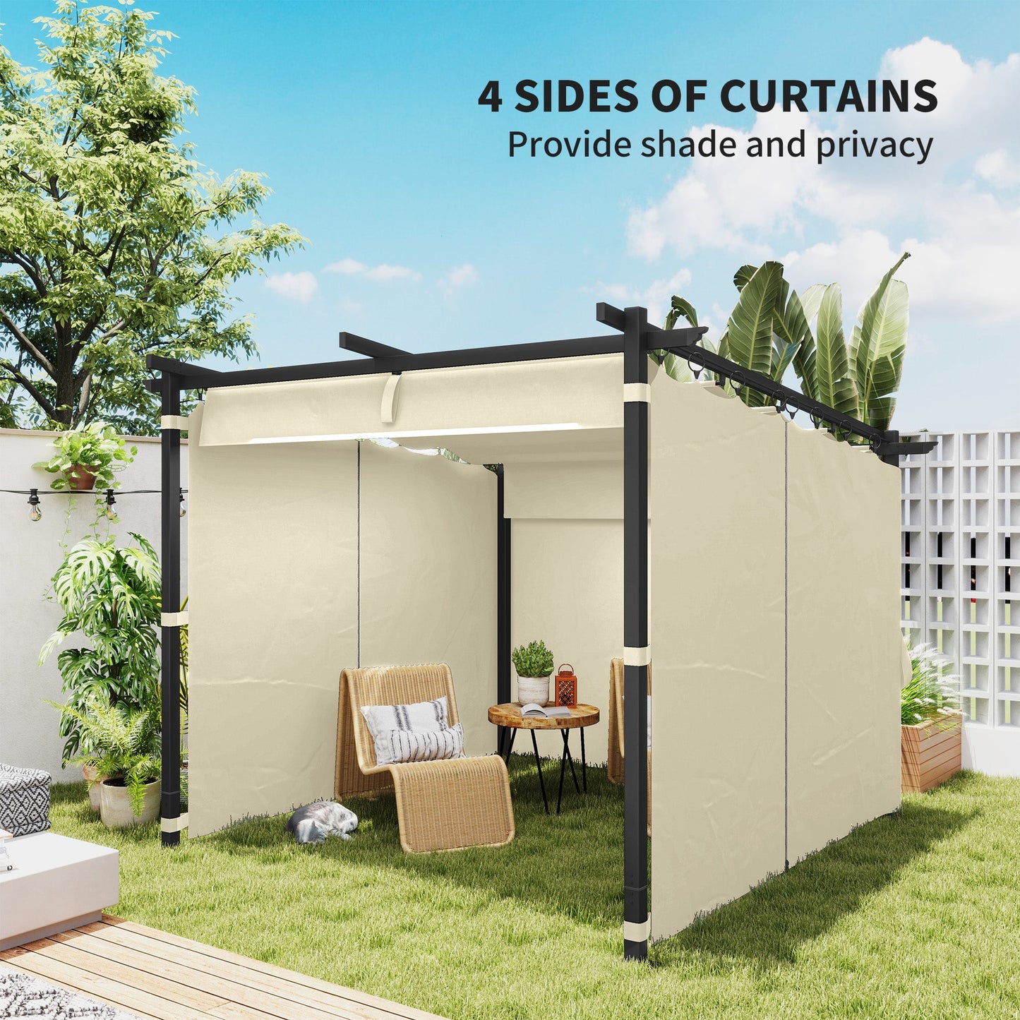 3 x 3(m) Metal Pergola with Retractable Roof and Sidewalls, Garden Gazebo UPF30+ Sun Shade Shelter for Outdoor, Patio, Deck, Beige