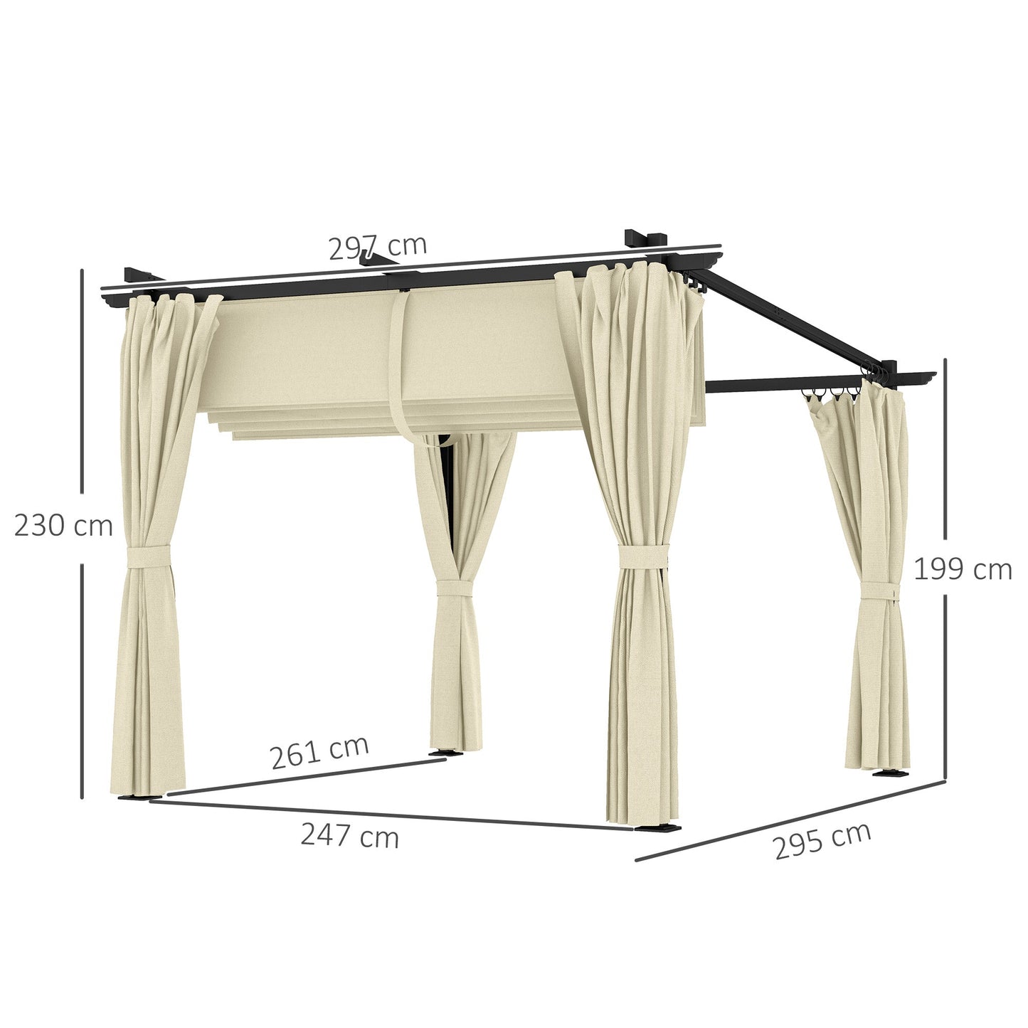 3 x 3(m) Metal Pergola with Retractable Roof and Sidewalls, Garden Gazebo UPF30+ Sun Shade Shelter for Outdoor, Patio, Deck, Beige