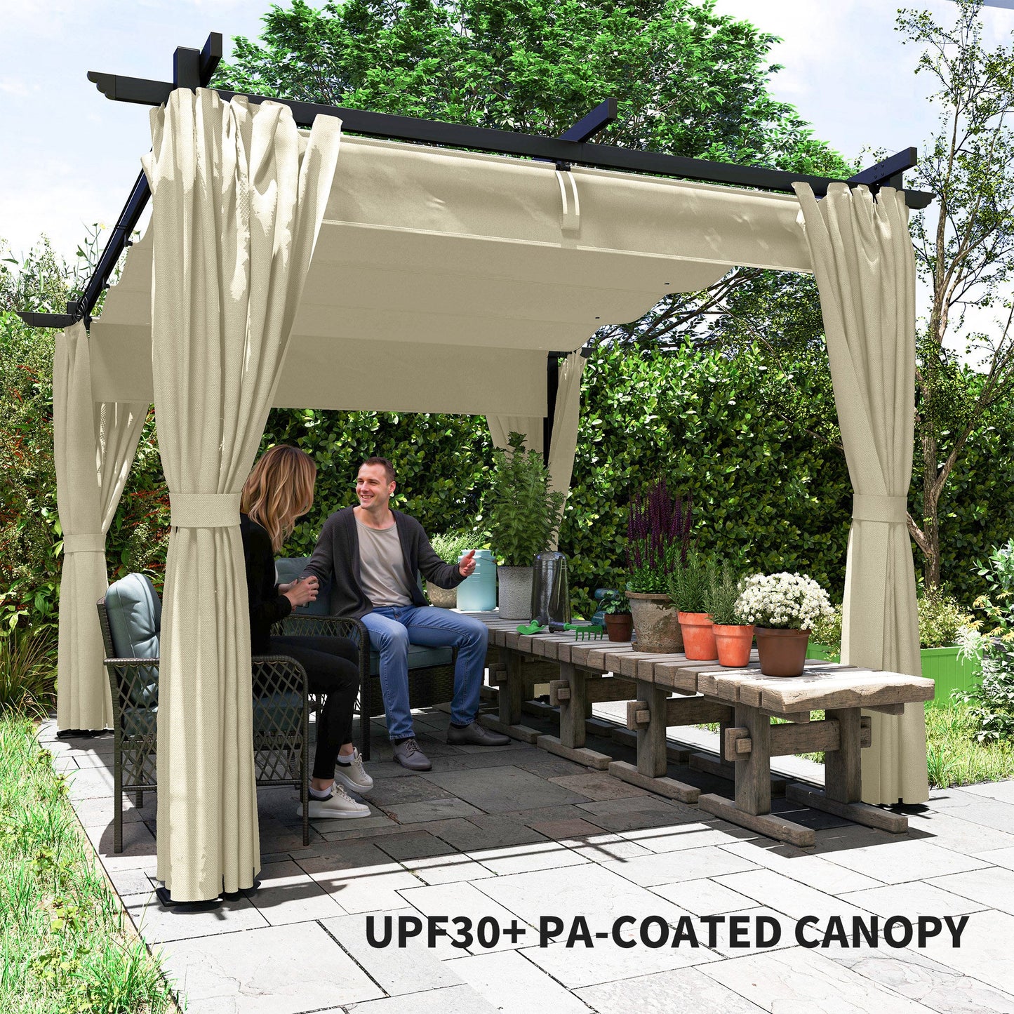 3 x 3(m) Metal Pergola with Retractable Roof and Sidewalls, Garden Gazebo UPF30+ Sun Shade Shelter for Outdoor, Patio, Deck, Beige