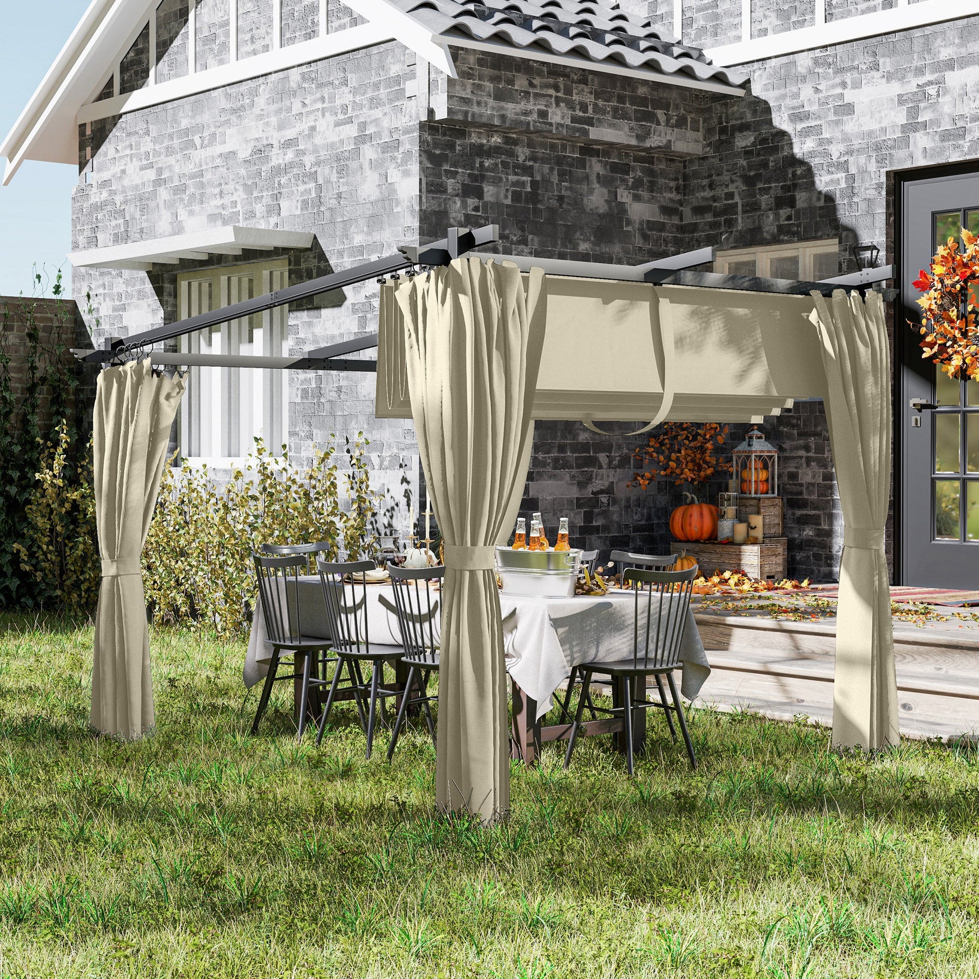 3 x 3(m) Metal Pergola with Retractable Roof and Sidewalls, Garden Gazebo UPF30+ Sun Shade Shelter for Outdoor, Patio, Deck, Beige