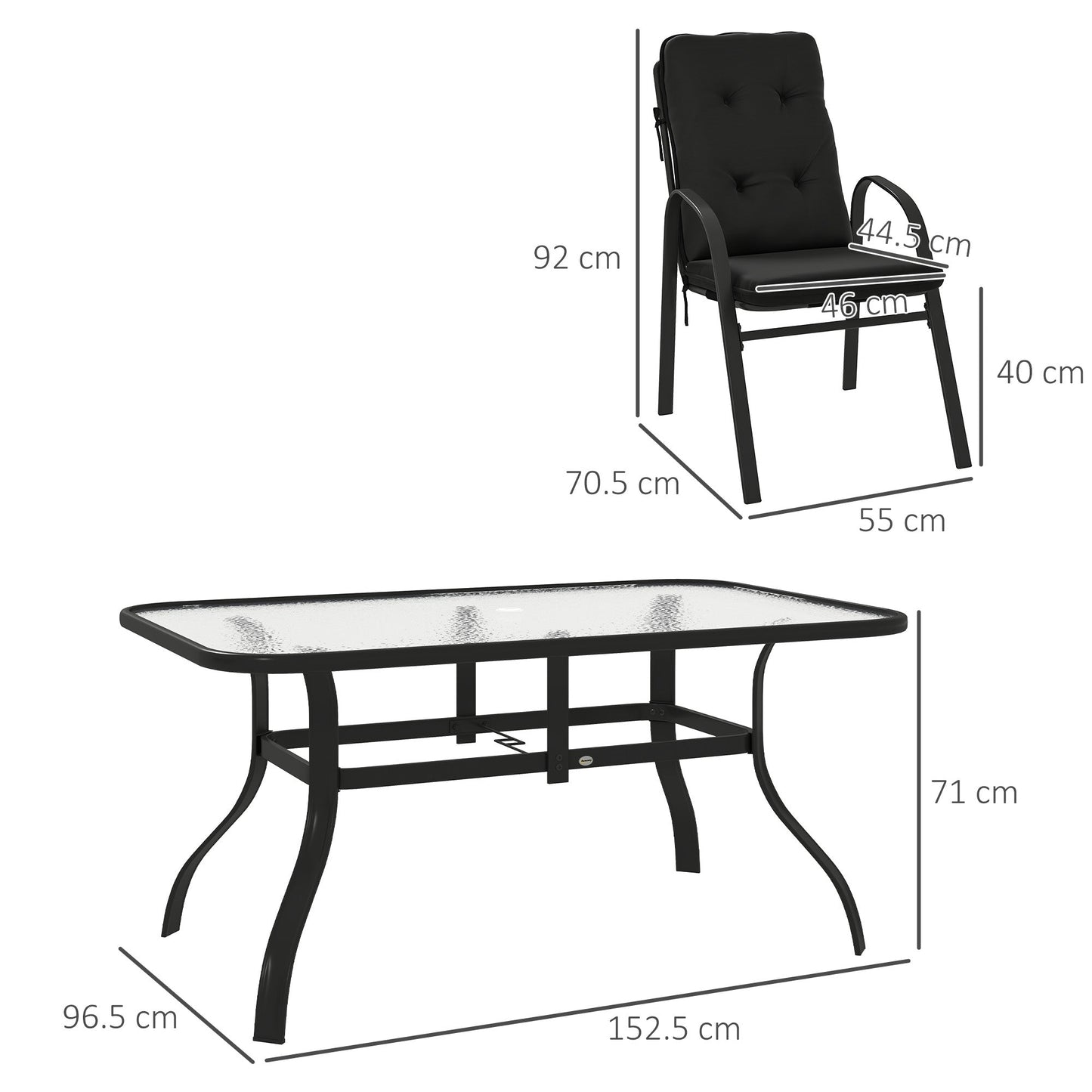 7 Pieces Garden Dining Set, Outdoor Rectangular Dining Table and 6 Cushioned Armchairs, Tempered Glass Top Table w/ Umbrella Hole, Texteline Seats, Black