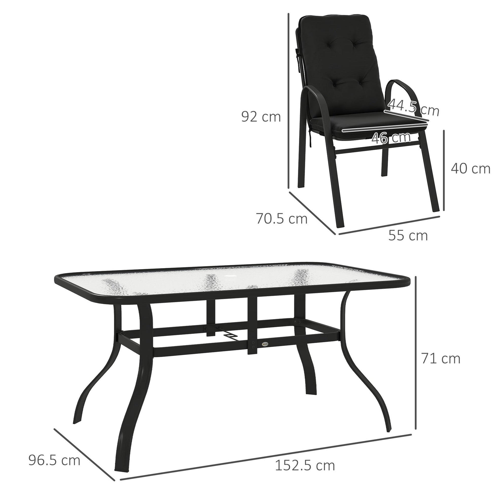 7 Pieces Garden Dining Set, Outdoor Rectangular Dining Table and 6 Cushioned Armchairs, Tempered Glass Top Table w/ Umbrella Hole, Texteline Seats, Black