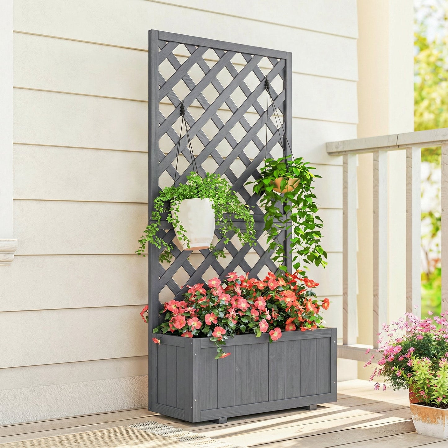 Wood Planter with Trellis for Climbing Plants, Raised Bed, Planter Box with Drainage Holes to Grow Vegetables, Herbs and Flowers for Garden, Patio, Yard, Grey