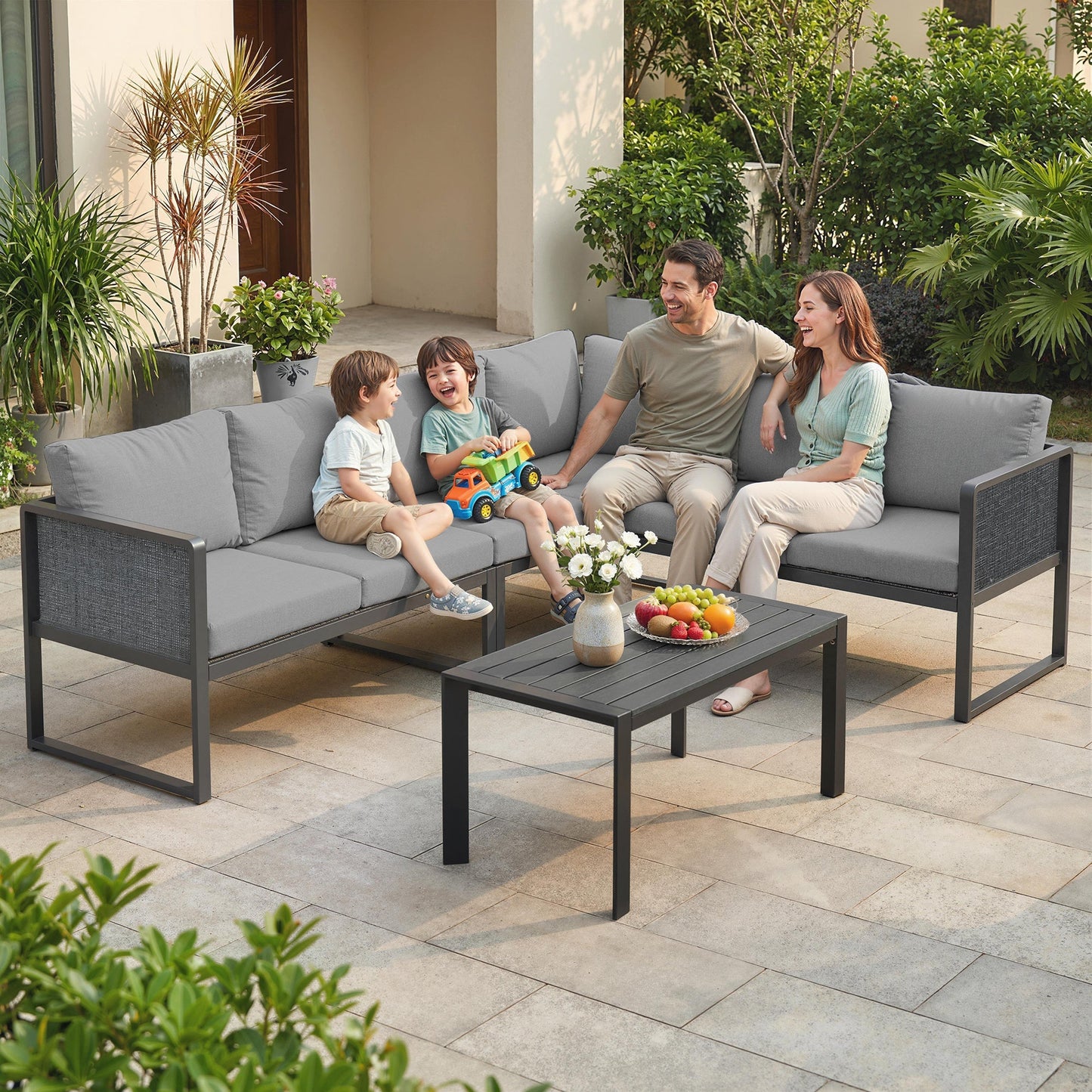 6 Seater Metal Garden Furniture Set, Corner Garden Sofa Set with 3 Texteline Loveseats, Faux Wood Top Coffee Table, L-Shape Outdoor Conversation Furniture with Cushions, Dark Grey