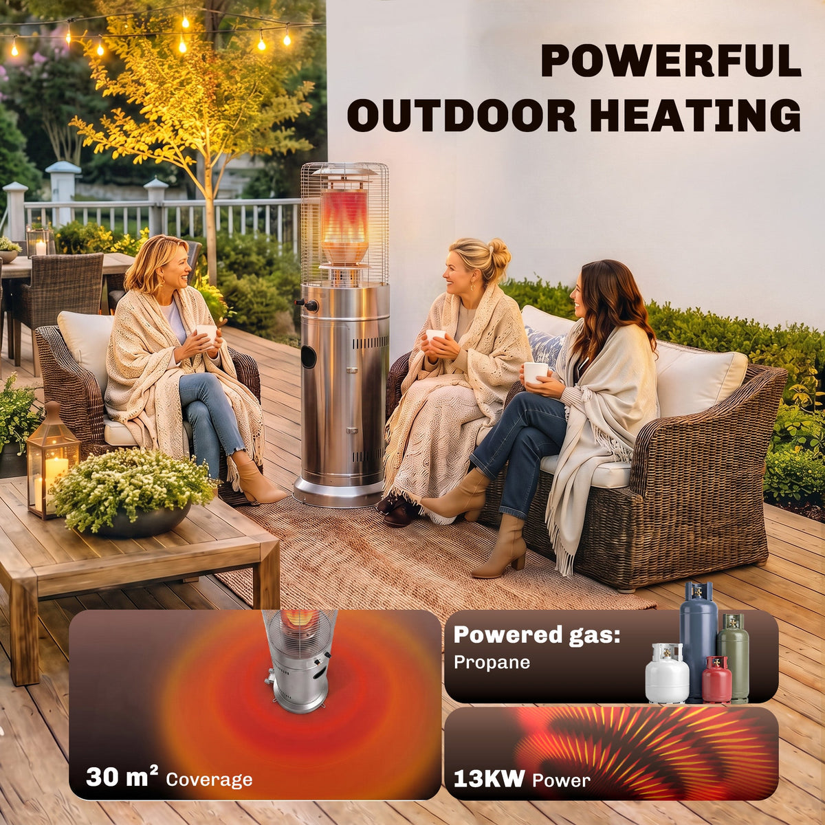 Gas Patio Heater, 13 kW Stainless Steel Portable Propane Outdoor Heater with Stepless Heat Control, Pulse Ignition, Protective Mesh, Tip-over Protection, 2 Wheels for Garden, Silver