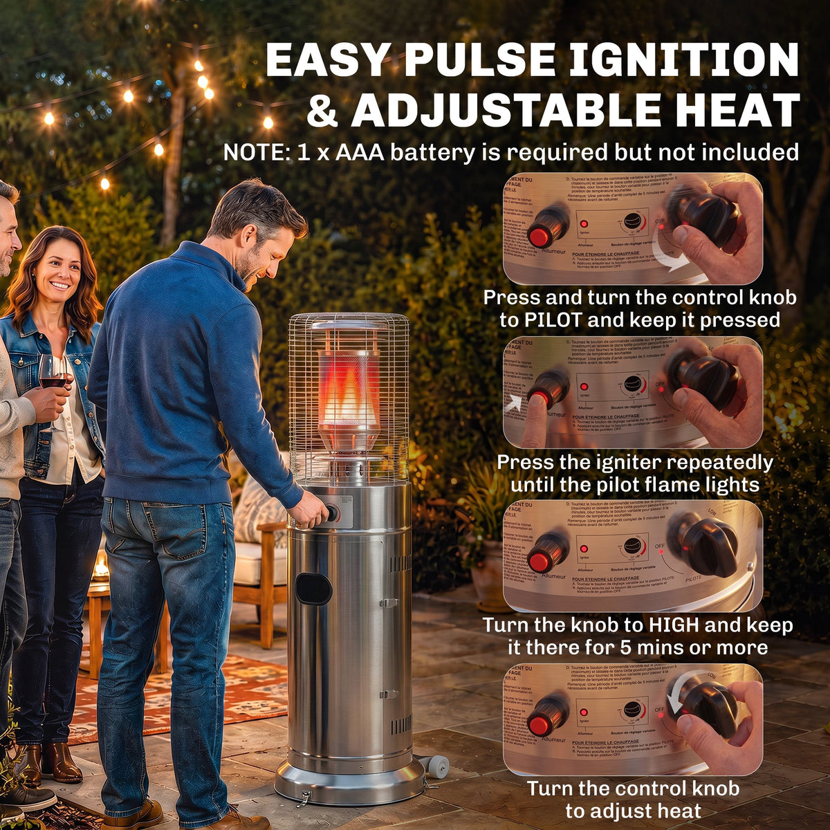Gas Patio Heater, 13 kW Stainless Steel Portable Propane Outdoor Heater with Stepless Heat Control, Pulse Ignition, Protective Mesh, Tip-over Protection, 2 Wheels for Garden, Silver