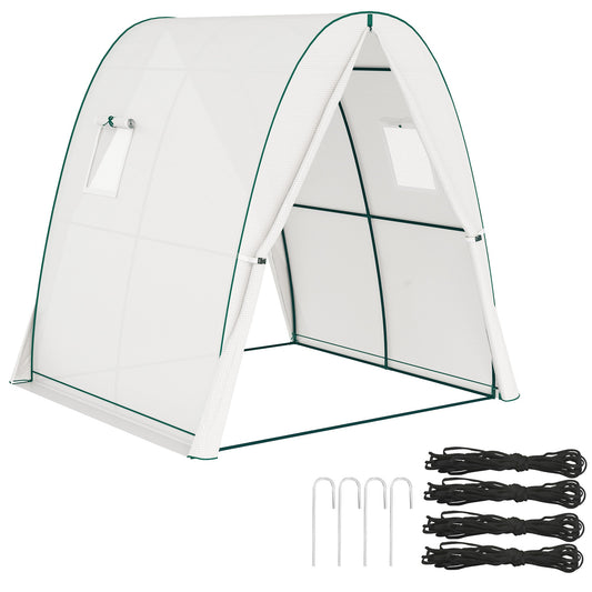 Hoop House Greenhouse with Sandbags and Hemmed PE Cover, 1.8 x 1.8 x 2m Walk-In Tunnel Green House with 2 Doors and Screen Windows, Portable Greenhouse Gardening Plant Hot House, White