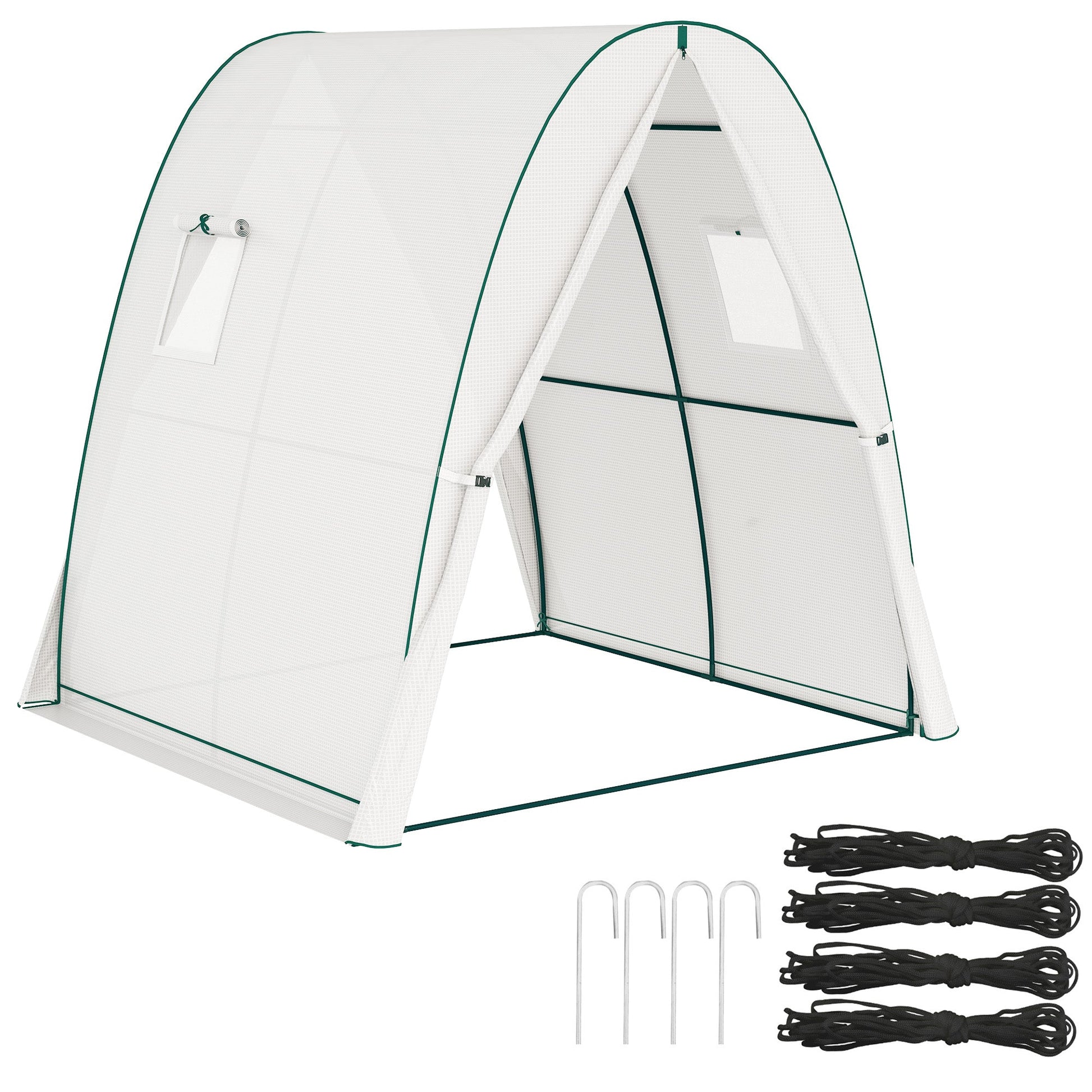 Hoop House Greenhouse with Sandbags and Hemmed PE Cover, 1.8 x 1.8 x 2m Walk-In Tunnel Green House with 2 Doors and Screen Windows, Portable Greenhouse Gardening Plant Hot House, White