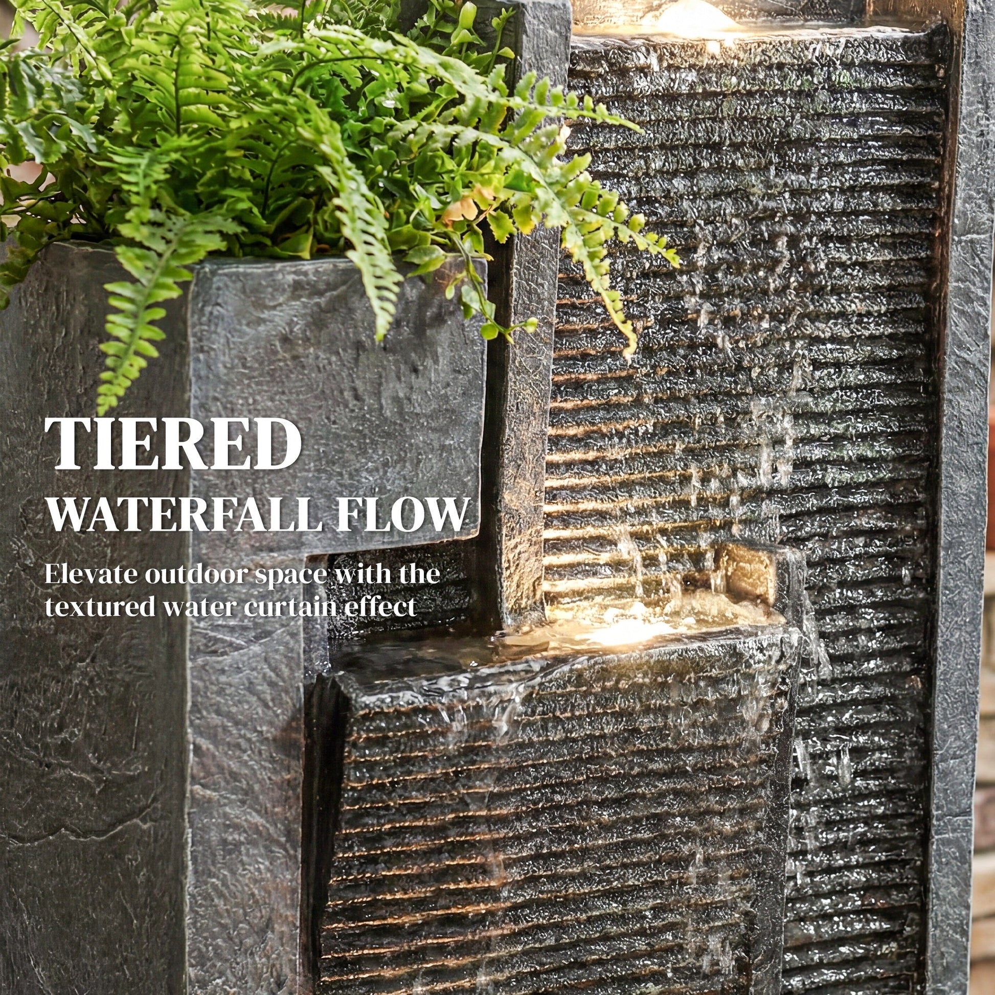 Water Feature with LED Lights and Planter, 3-Tier Garden Water Fountain with Pump, Resin Freestanding Waterfall Feature for Patio Garden, Dark Grey