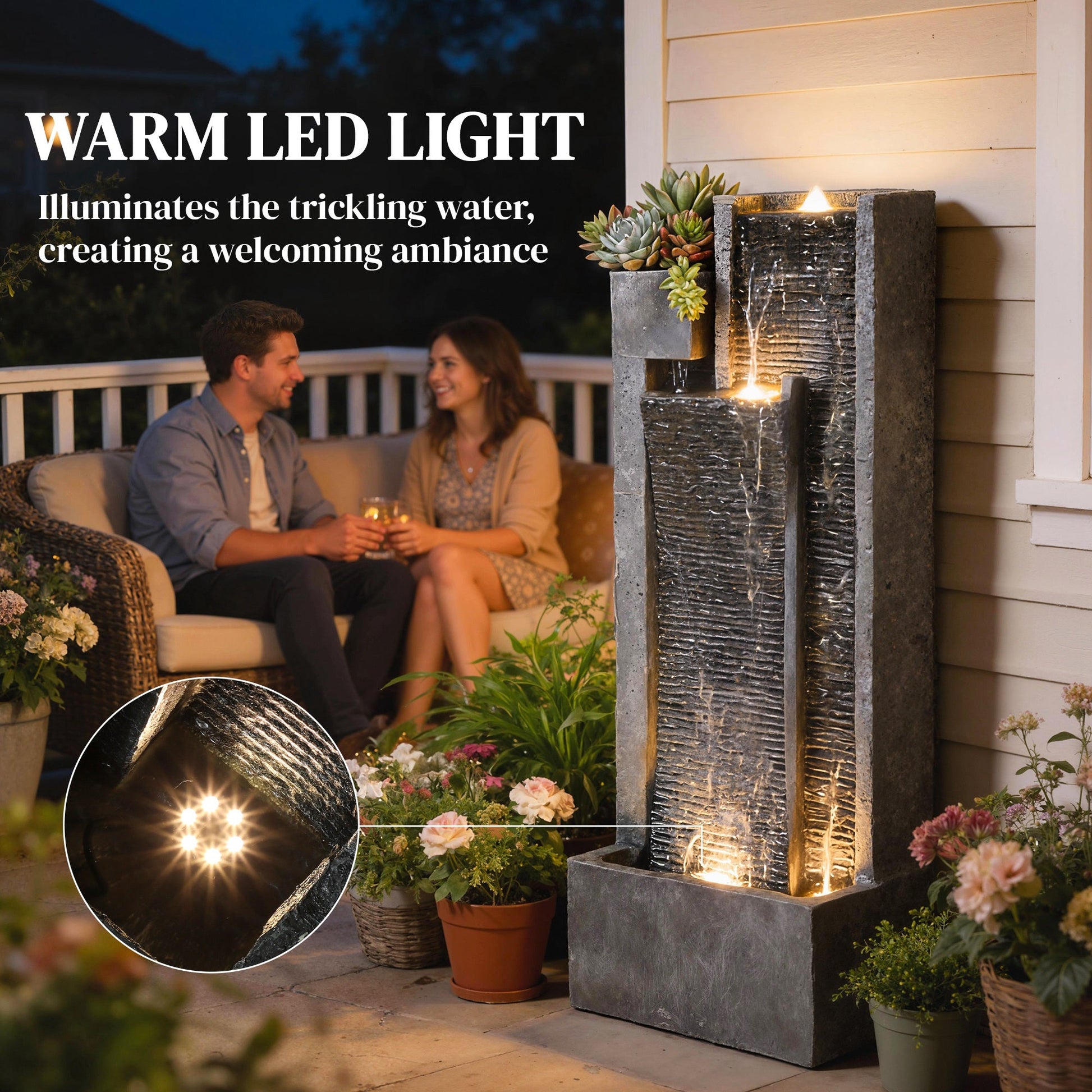 Water Feature with LED Lights and Planter, 3-Tier Garden Water Fountain with Pump, Resin Freestanding Waterfall Feature for Patio Garden, Dark Grey