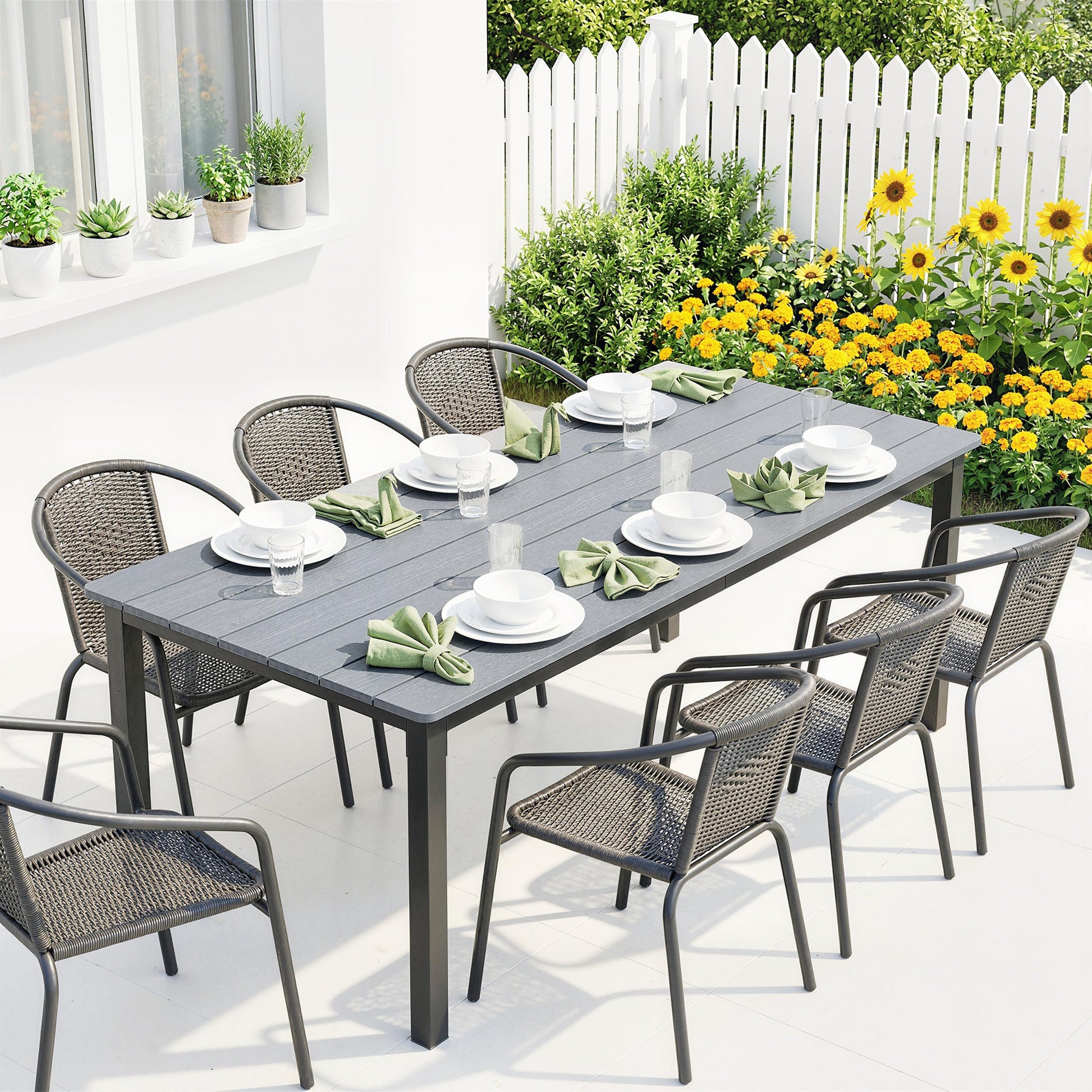 Garden Dining Table for 6-8 Person, 180 x 86 cm Rectangular Outdoor Dining Table with Wood Slatted Top and Steel Frame, All Weather Patio Furniture for Balcony, Porch, Grey