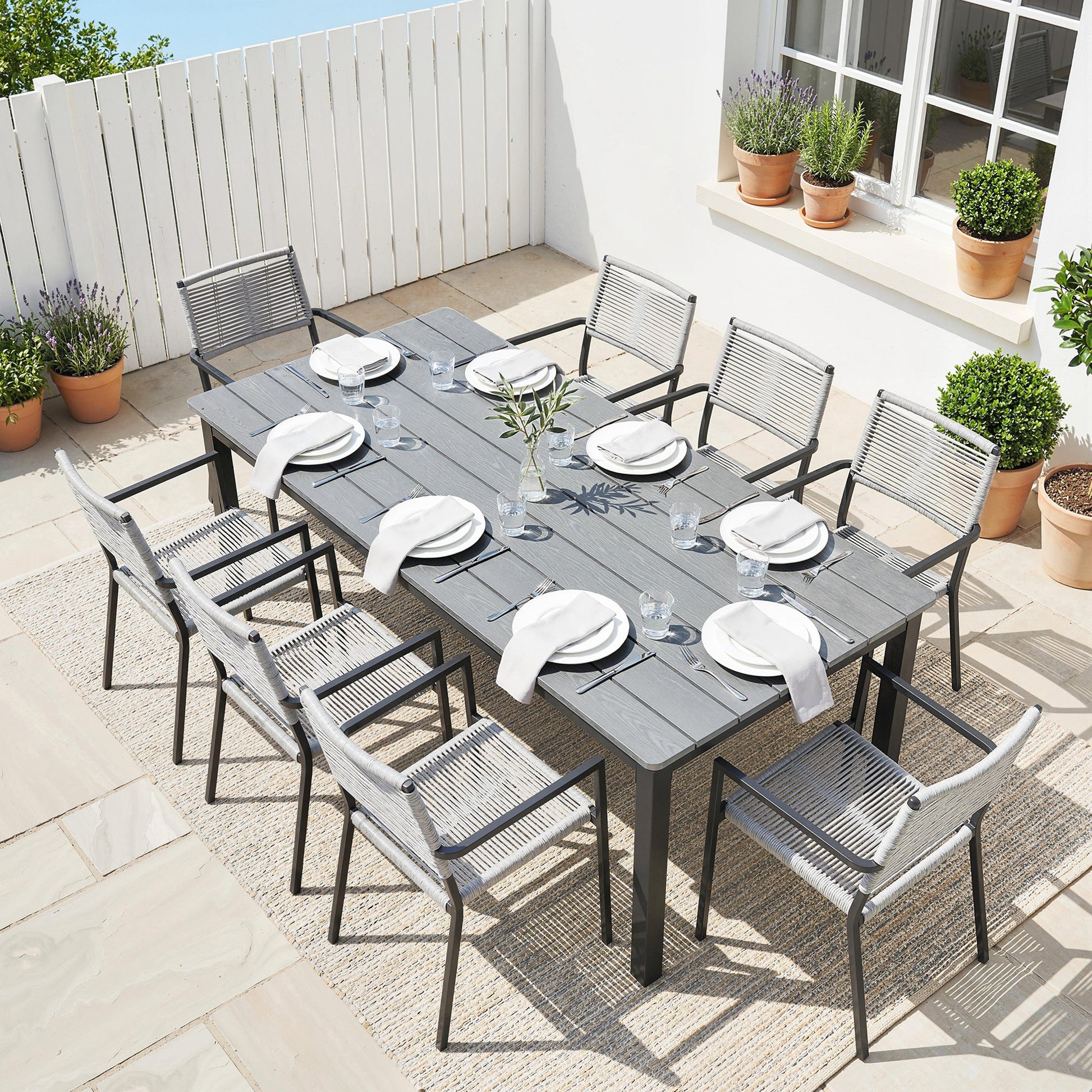 Garden Dining Table for 6-8 Person, 180 x 86 cm Rectangular Outdoor Dining Table with Wood Slatted Top and Steel Frame, All Weather Patio Furniture for Balcony, Porch, Grey