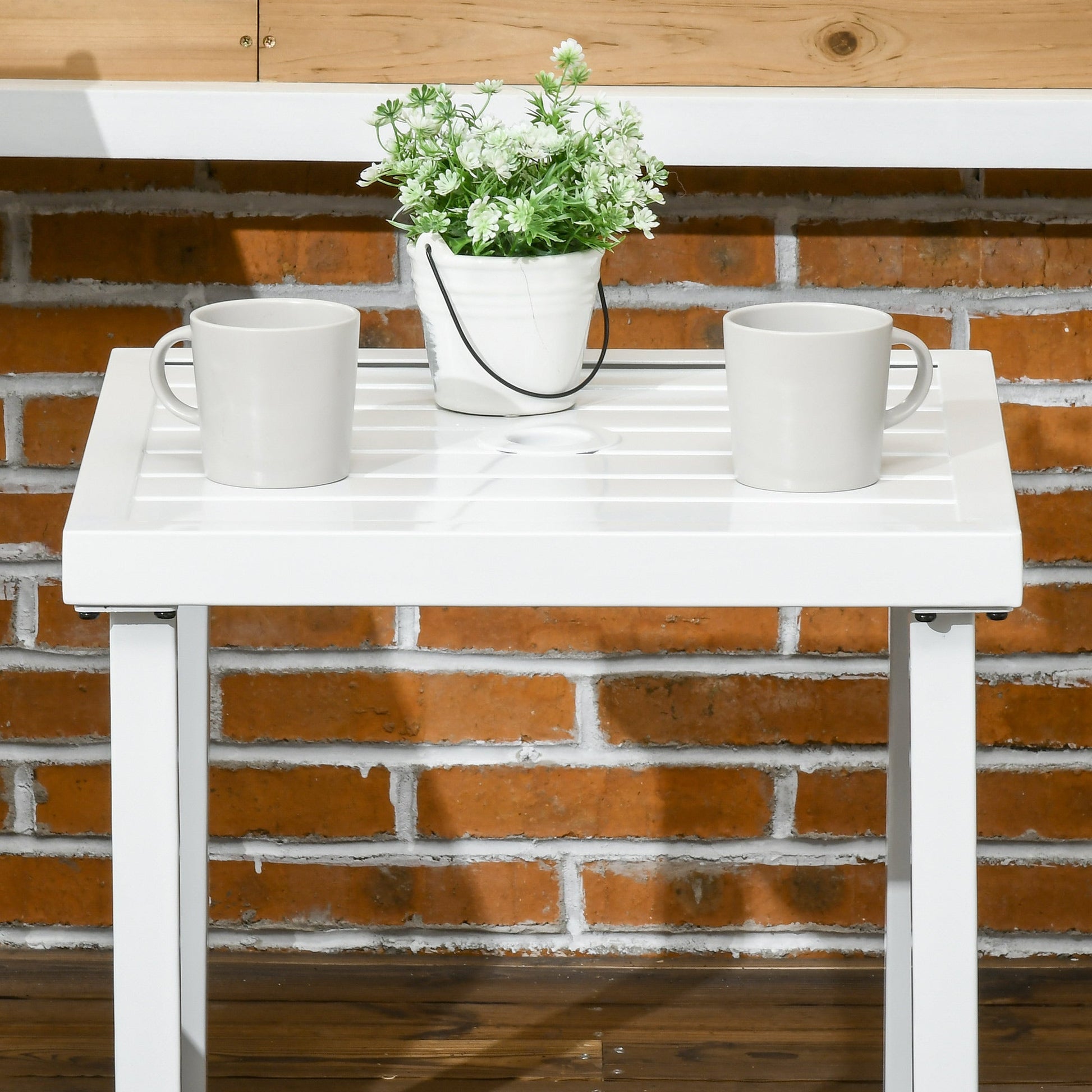 Garden Side Table, 51x51cm Square Patio Coffee Table with Umbrella Hole, End Table with Steel Frame for Balcony, White