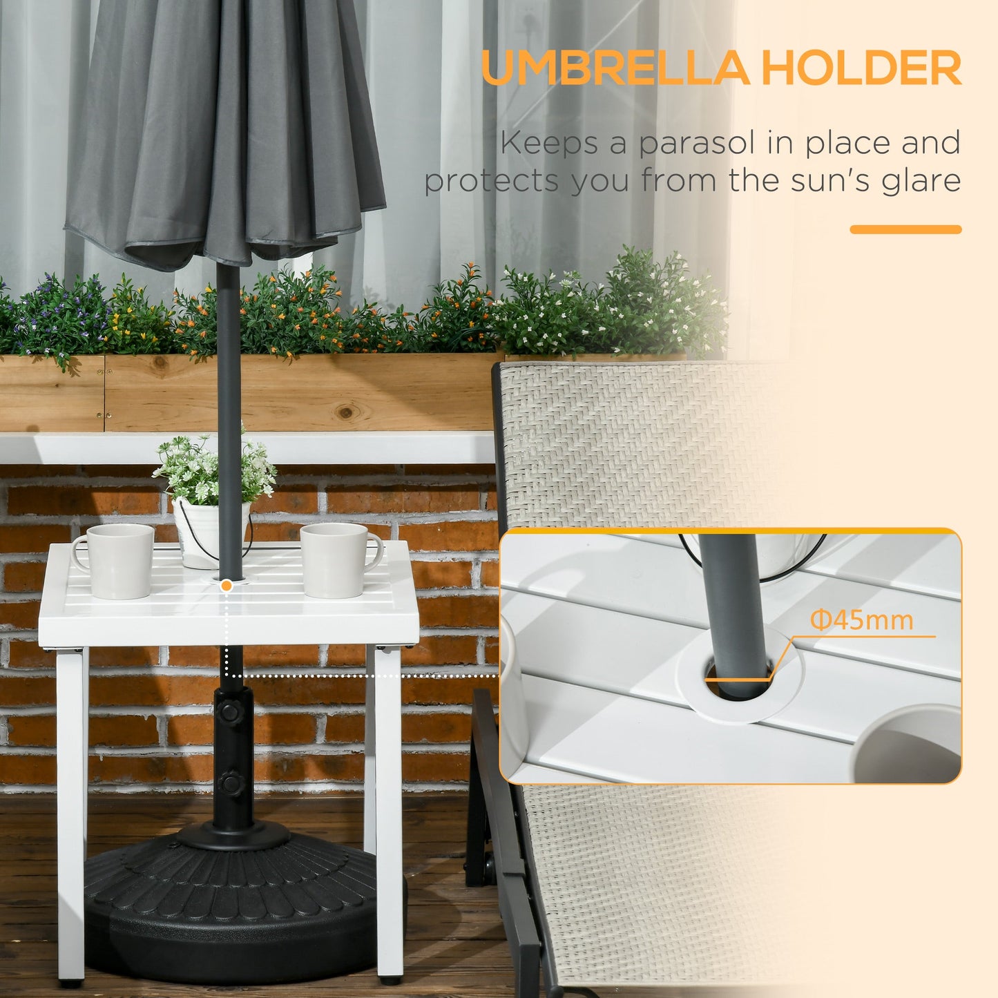Garden Side Table, 51x51cm Square Patio Coffee Table with Umbrella Hole, End Table with Steel Frame for Balcony, White