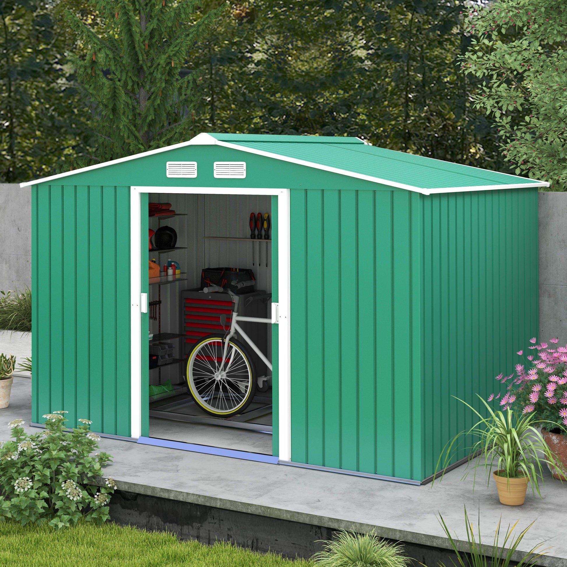 9 x 6ft Metal Garden Shed, Outdoor Storage Tool House with Ventilation Slots, Foundation Kit and Lockable Double Doors, Green