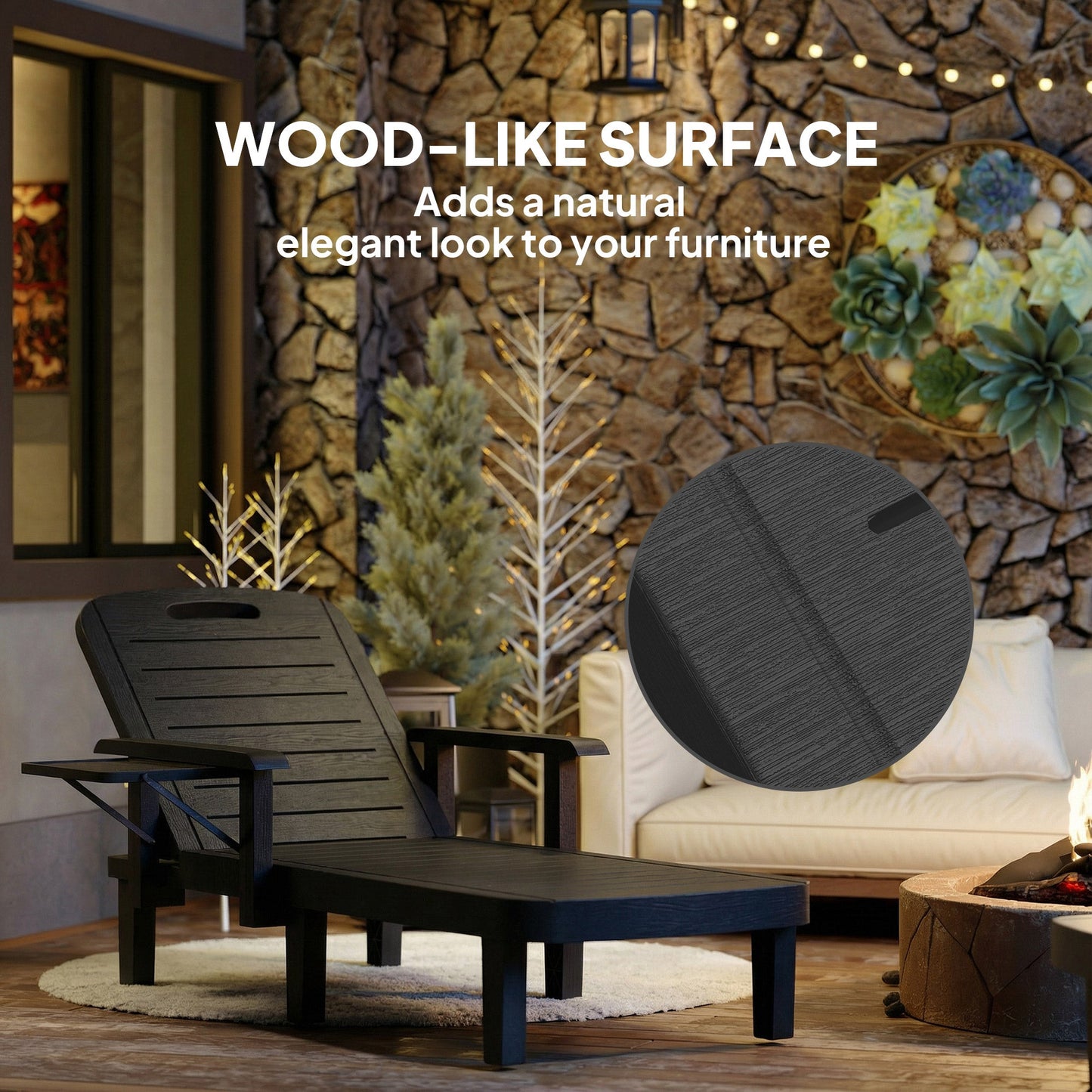 Set of 2 Resin Reclining Sun Loungers for Garden, 5 Positions Adjustable Outdoor Chaise Lounge Chair with Wood Texture Surface, Armrests, Foldable Side Table for Garden, Beach, Black