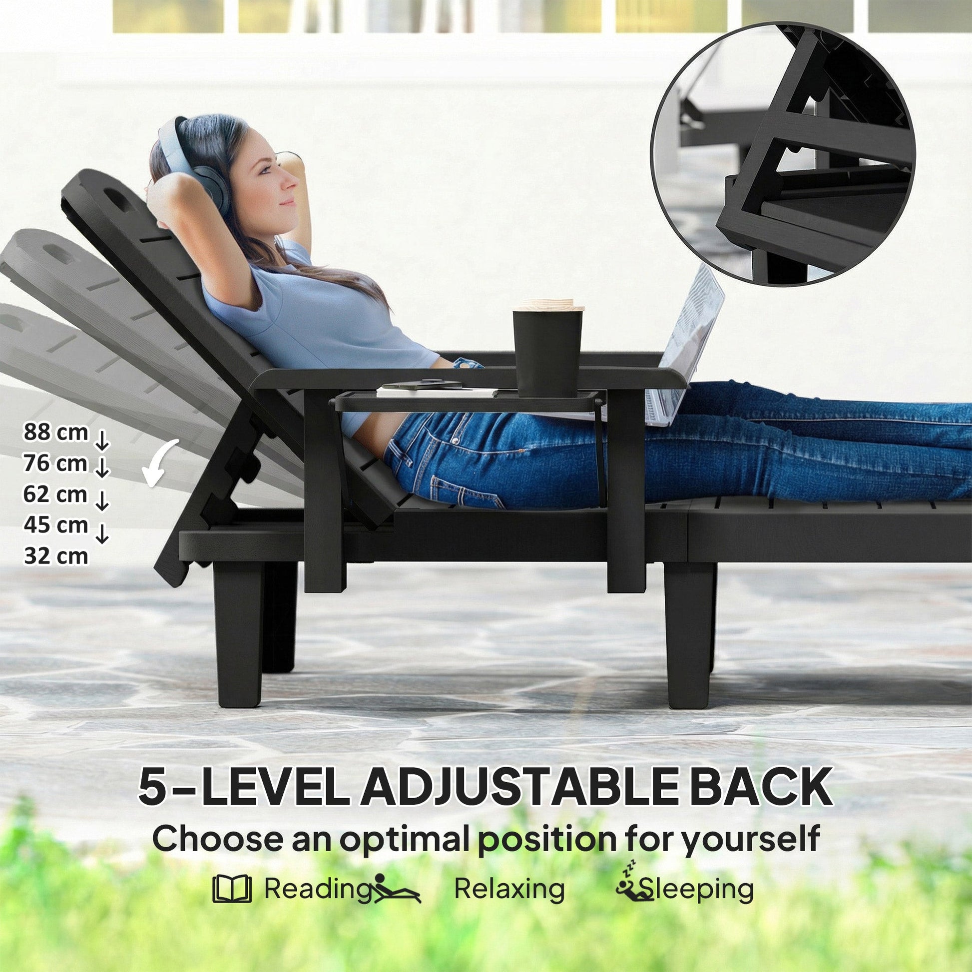 Set of 2 Resin Reclining Sun Loungers for Garden, 5 Positions Adjustable Outdoor Chaise Lounge Chair with Wood Texture Surface, Armrests, Foldable Side Table for Garden, Beach, Black