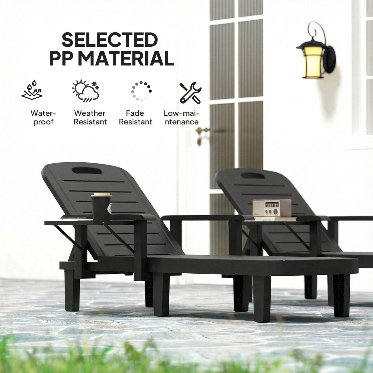 Set of 2 Resin Reclining Sun Loungers for Garden, 5 Positions Adjustable Outdoor Chaise Lounge Chair with Wood Texture Surface, Armrests, Foldable Side Table for Garden, Beach, Black