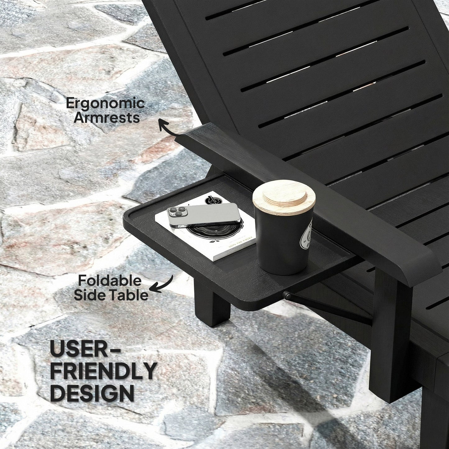 Set of 2 Resin Reclining Sun Loungers for Garden, 5 Positions Adjustable Outdoor Chaise Lounge Chair with Wood Texture Surface, Armrests, Foldable Side Table for Garden, Beach, Black
