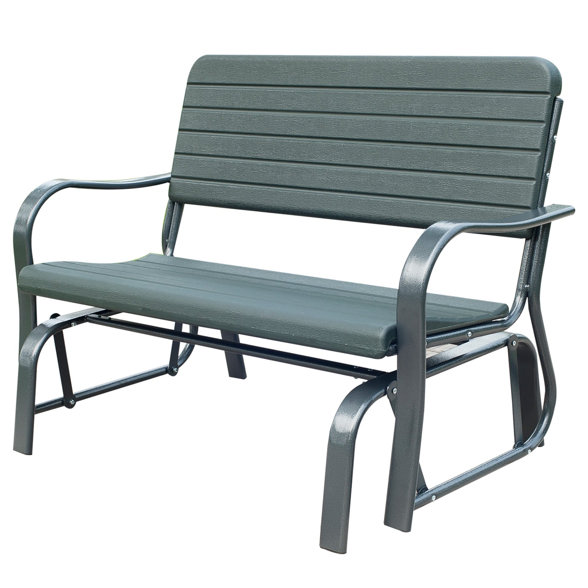 2 Seats Garden Glider Bench, Metal Frame and HDPE Swing Loveseat, Porch Rocking Glider for 2 Person with High Back and Armrest, Dark Green