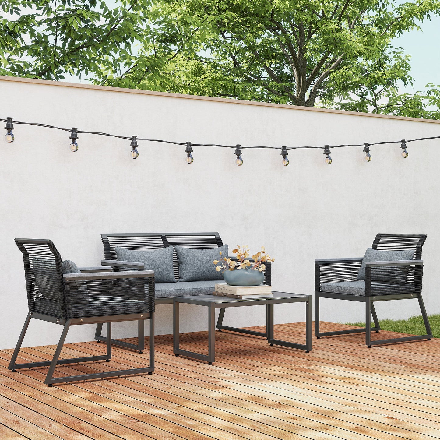 4 Pieces Rattan Garden Furniture Set, Metal Frame Outdoor Furniture Sofa Set with Cushions, Pillows & Tempered Glass Top Table, Wicker Garden Sofa for Conservatory, Patio, Charcoal Grey