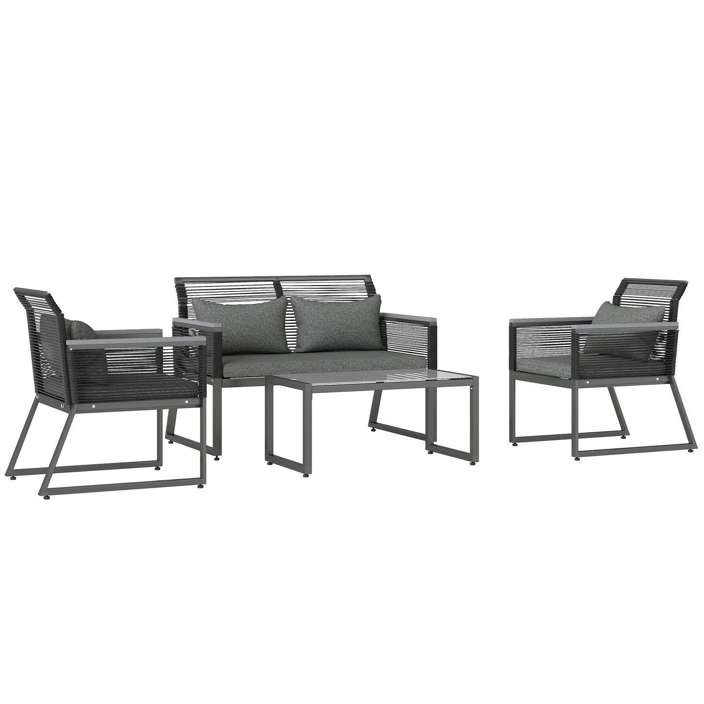 4 Pieces Rattan Garden Furniture Set, Metal Frame Outdoor Furniture Sofa Set with Cushions, Pillows & Tempered Glass Top Table, Wicker Garden Sofa for Conservatory, Patio, Charcoal Grey